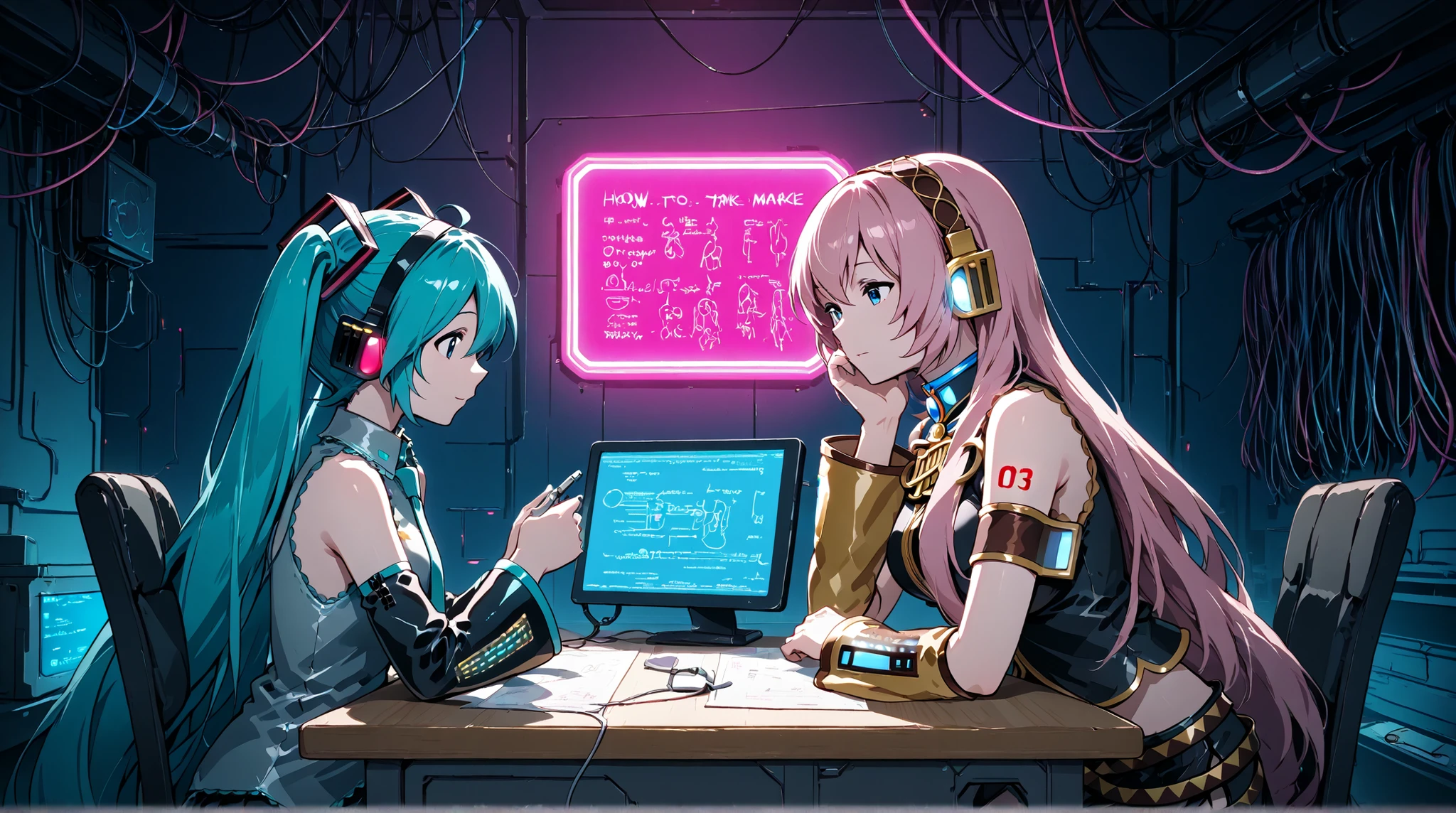 Hatsune Miku,Megurine Luka, headphones for listening to music,hacker,sit at the desk,How to make,neon light,Cinematic,Cyberpunk,plush penguin