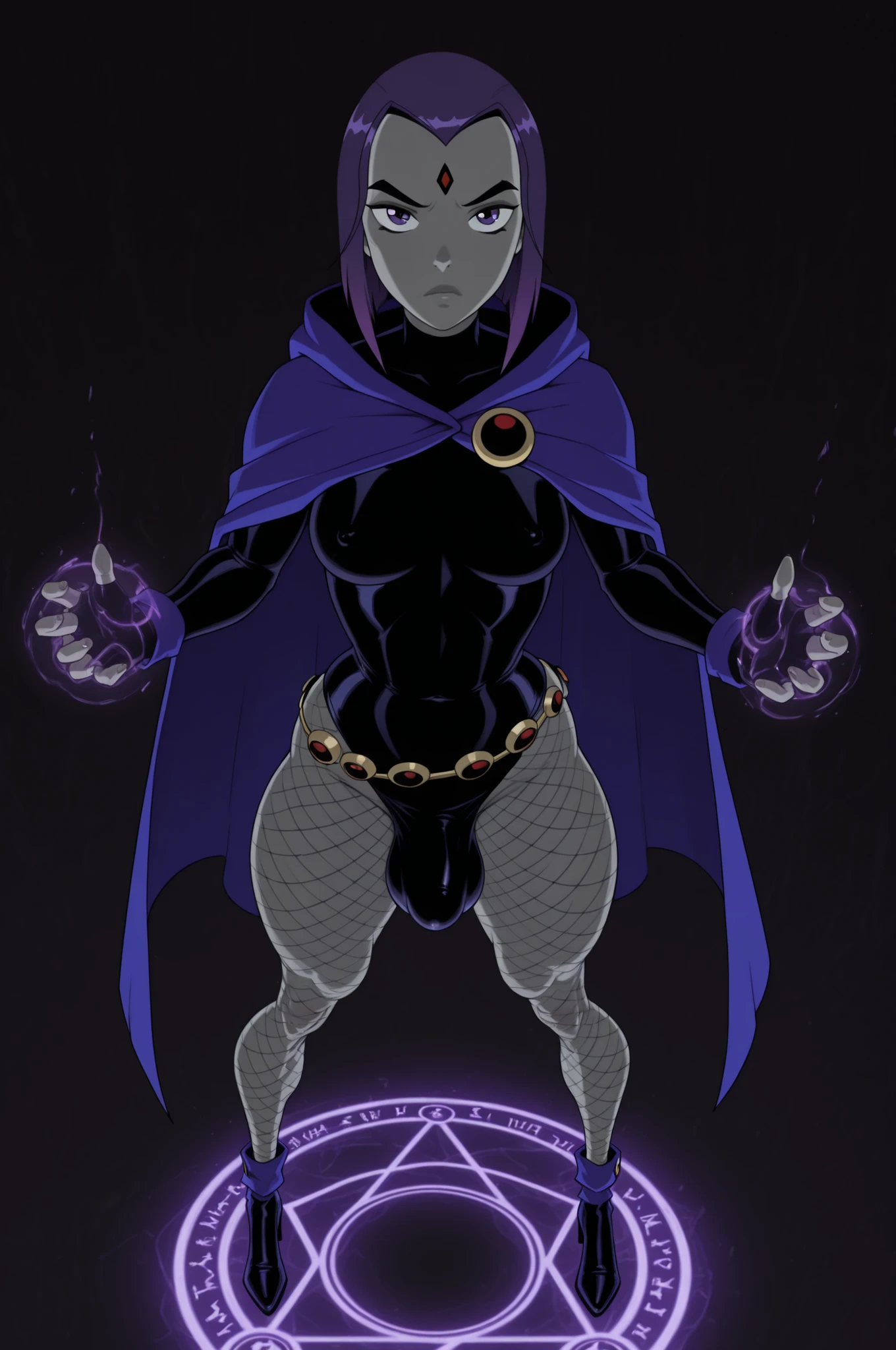 (above view:1.6),(standing in magic circle), solo,Stable_Yogis_Anatomy_Negatives_V1,(legs_far_apart),thick flaccid penis bulge, large testicle bulge under penis bulge, flaccid covered penis,1girl,IllusN3g,(masterpiece,best quality,ultra_detailed,highres,absurdres:1.2,amazing quality,very aesthetic),rating_explicit, source_anime, grey skin, purple hair, raven from dc, detailed thighs, high waisted leotard, loose crooked belt, short purple hair, hood down, cloak, covered nipples, forehead jewel, very wide hips, tight fishnet pantyhose, normal sized waist, (dark void background:1.4), large ass, high heels, dynamic mage pose, casting magic, (very thick thighs), (detailed_thigh_muscles), looking up at viewer, small_medium breasts), hunched, bent at the knees