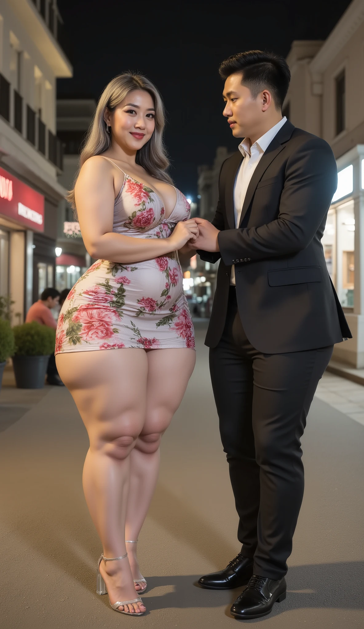 An Asian attractive mature woman with a provocative curvaceous body, is 60 years old and has a figure with prominent curves, a plump with perfect proportions curves, generous curves and plus-size, a body with an hourglass figure, her voluptuous wide hips harmonize with slender wasp waist, with wide legs and wide thighs well-shaped, and her butt in good shape, plump and shaped buttocks. She has characteristics typical of her age, slight wrinkles on her face and gray hair, long hair with an elegant vintage style hairstyle, has beautiful and fine facial features. She wear a short tight floral gown and wears transparent glass heels. She is walking on the trotoar in the city , she is a bride for her young skinny son 20 years old. her young skinny son in a casual suit and black hair, He is next to her and holding her hand, walking on the trotoar in the city at night time, look at camera, he holds her with passion and places his hands close to her buttocks. they was captured is a modern hyperrealistic cinematic style, captured on a full body overview, with hyperrealistic details and good focus quality.