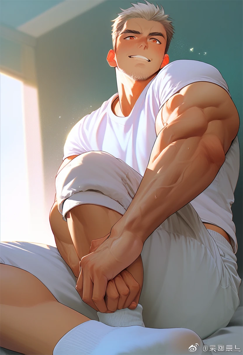 best quality, masterpiece, stocky man with blond hair, looks like laios touden, dungeon meshi, , sexy, gay, homoerotic, extremely dramatic shadows, romantic atmosphere, perfection