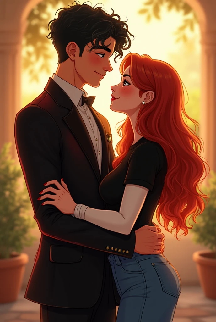 A red-haired, blue-eyed woman stands hugging a red-haired, blue-eyed man (High quality masterpiece, best quality 4k...: 1.2) Very detailed. (Realistic:1.37) Smiling, a masterpiece of art in the event, looking directly at the camera..