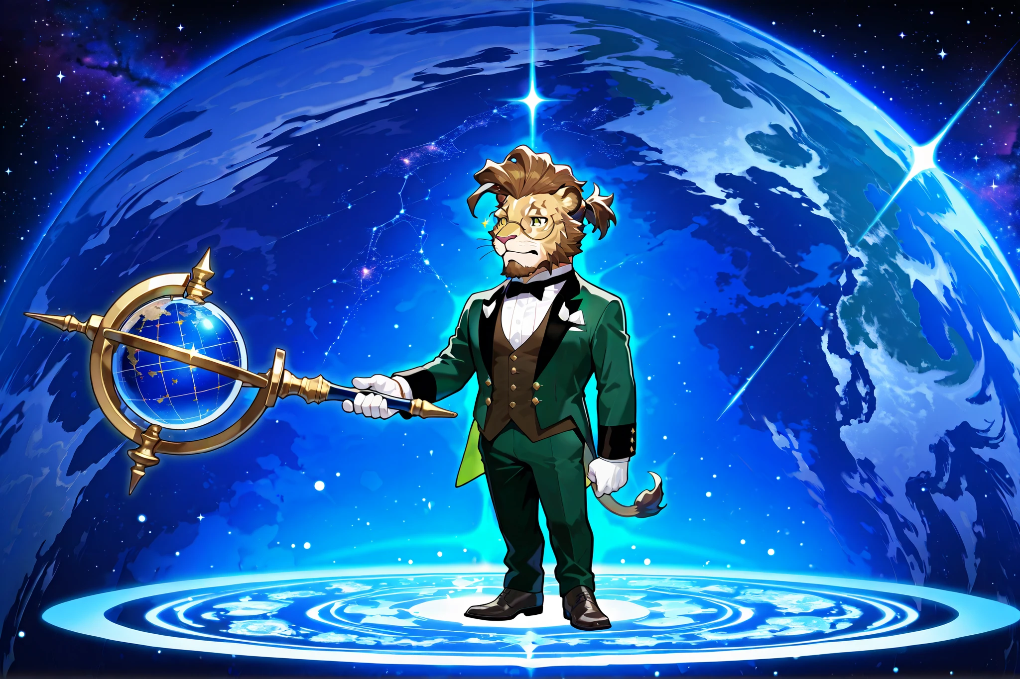Cornelius, Horthgar, lion head, no markings, no mane, no defects, brown ponytail hairstyle, handsome, distinguished, gentleman, wears tiny perfect round glasses, green butler outfit、white gloves, perfect goatee, casting limit break 3、looking comfortable、More attractive、perfect hands, perfect eyes, focus on face, Detailed Full Body , Majestic , Detailed Full Body 非常に詳細な体, Body Details, sexy、Capture images that look more appealing 、High Quality、top quality、detailed background、 Detailed Full Body 非常に詳細な体, Body Details,handsome, matureした, sexy, floating effortlessly, holding astrologian globe weapon, dazzling galaxies, planets and stars, sparkling outer space stars background, many colors in harmony.