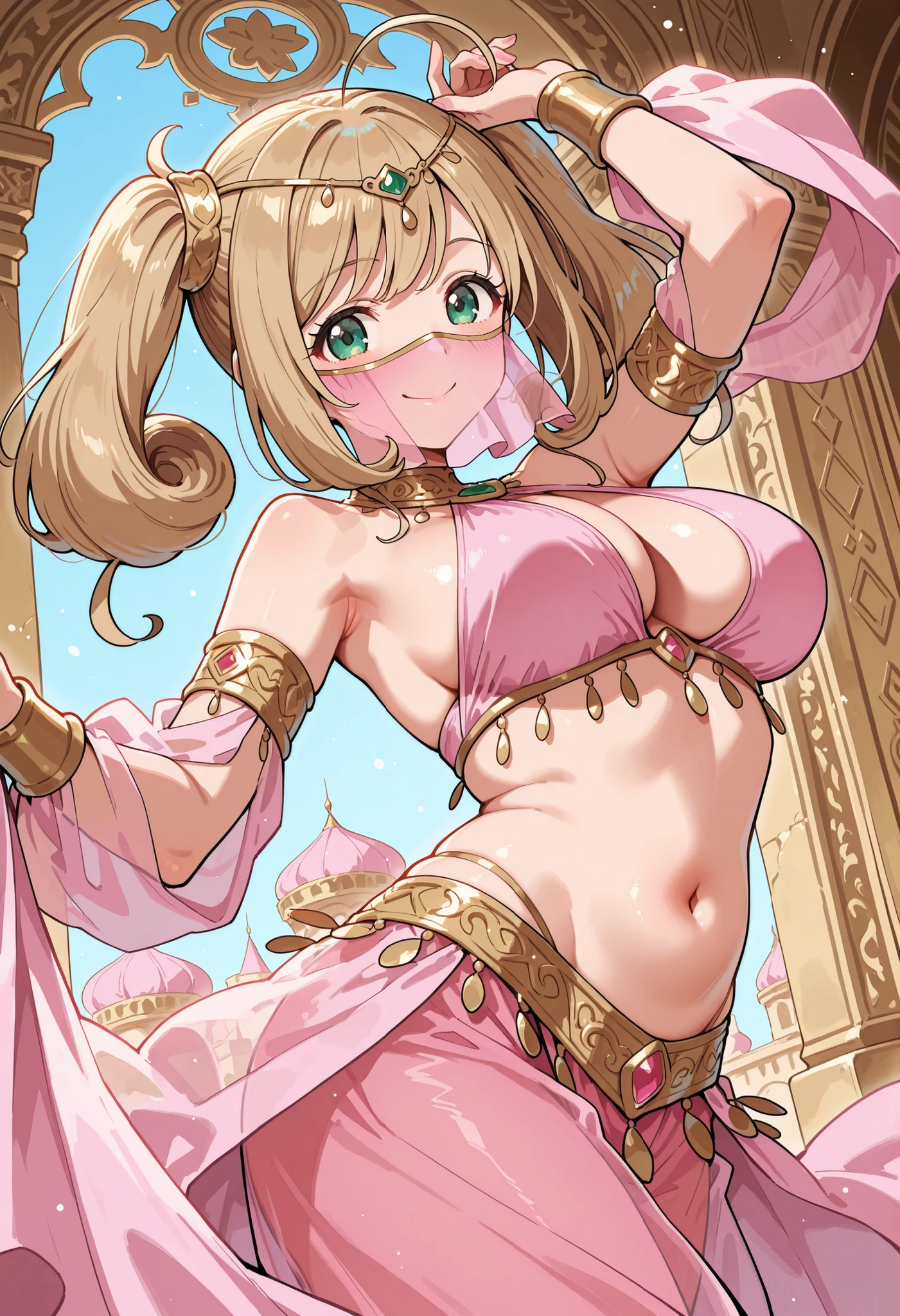 Score_9, score_8_up, score_7_up, source_anime, sato shin, solo, twintails, ahoge, blonde hair, green eyes, large breasts, (best quality), (high quality), {masterpiece}, extremely delicate and beautiful, ultra-detailed, beautiful detailed eyes, pink arabian clothes, dancer, pink mouth veil, belly dancing, armlet, gold circlet, dancing, pink see-through harem pants, arabian palace, smile, closed mouth