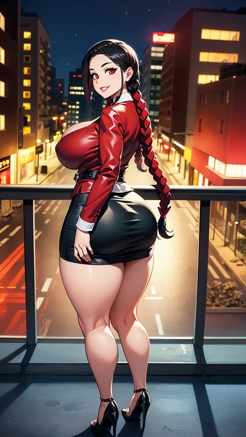 4K Quality,  smile, black woman, pretty eyebrows, (black and red skirt), (black and red Jordans), standing up, (black and red braids), ((dark skinned)), thick thighs, big breasted, big , looking at viewer, red eyes, night time, city background, 