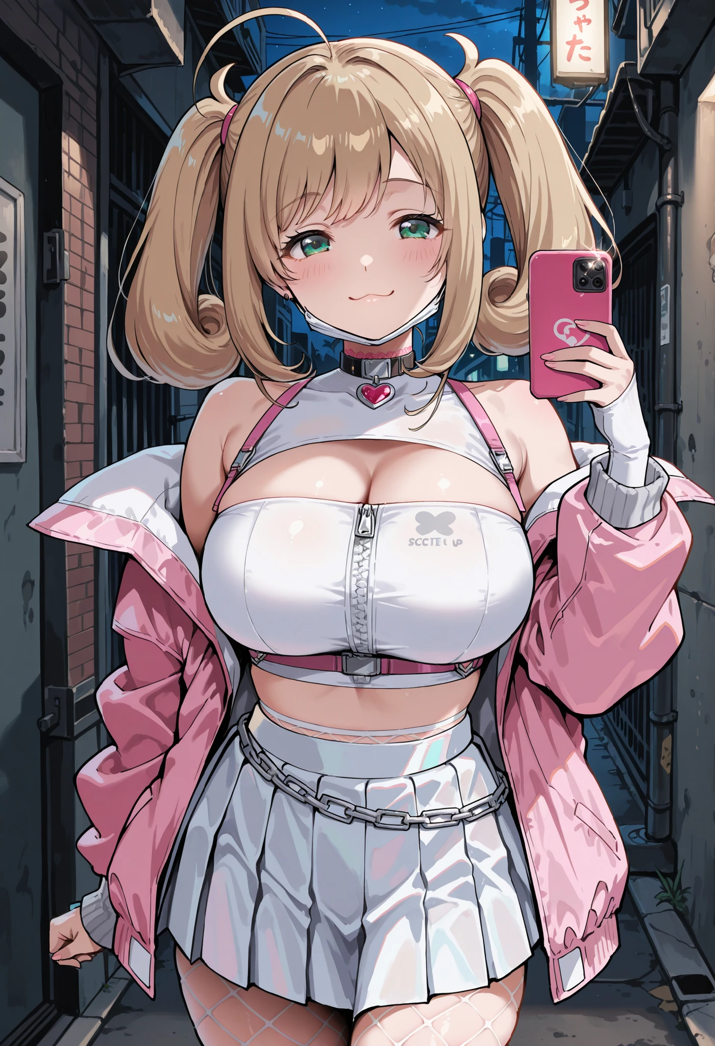 Score_9, score_8_up, score_7_up, source_anime, sato shin, solo, twintails, ahoge, blonde hair, green eyes, large breasts, (best quality), (high quality), {masterpiece}, extremely delicate and beautiful, ultra-detailed, beautiful detailed eyes, Viper_Cosplay, open clothes, choker, crop top, fishnets, white pleated skirt, pink jacket, cellphone, holding cellphone, backalley, night, white mask, mask pull, smile, :3, standing