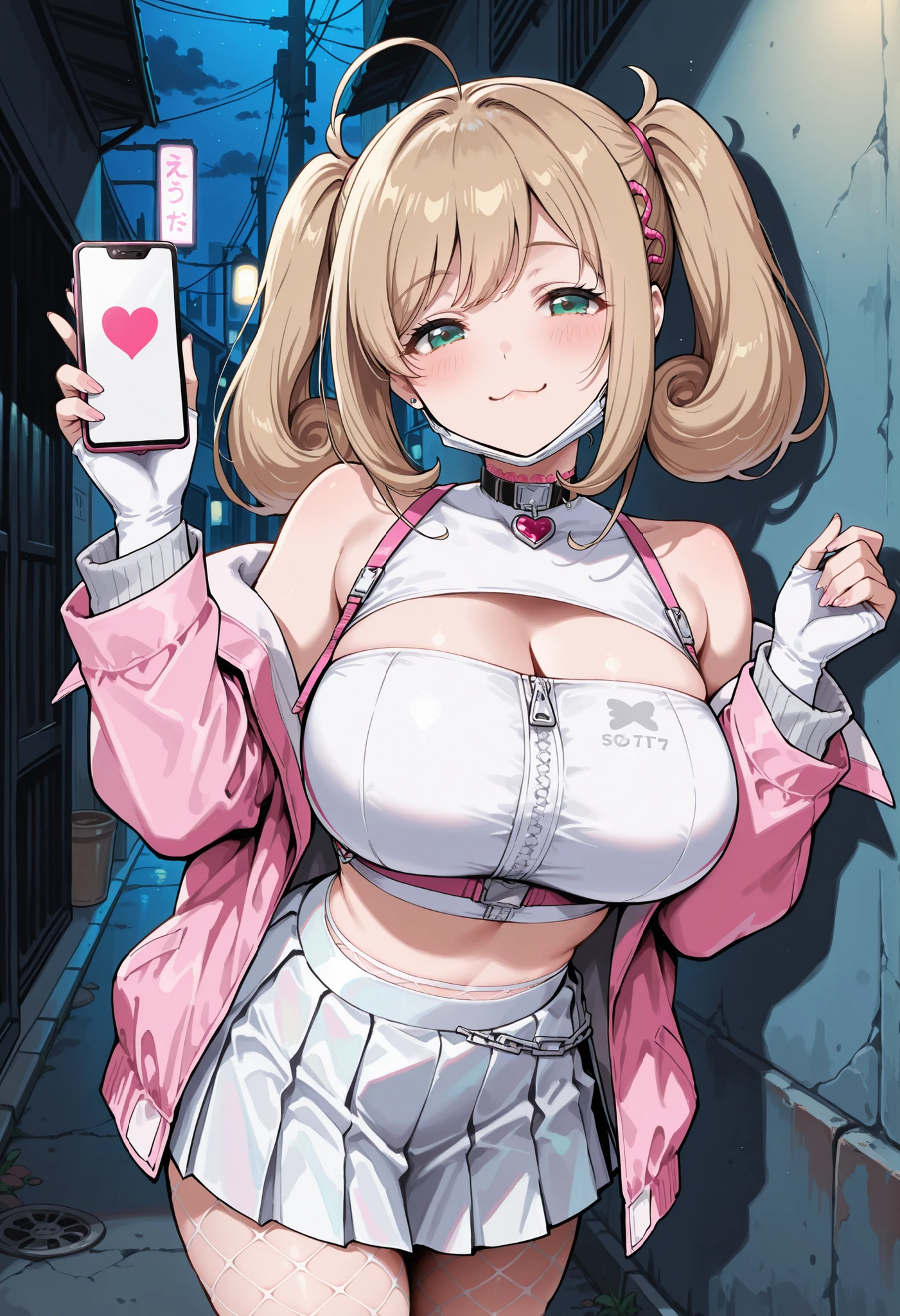 Score_9, score_8_up, score_7_up, source_anime, sato shin, solo, twintails, ahoge, blonde hair, green eyes, large breasts, (best quality), (high quality), {masterpiece}, extremely delicate and beautiful, ultra-detailed, beautiful detailed eyes, Viper_Cosplay, open clothes, choker, crop top, fishnets, white pleated skirt, pink jacket, cellphone, holding cellphone, backalley, night, white mask, mask pull, smile, :3, standing