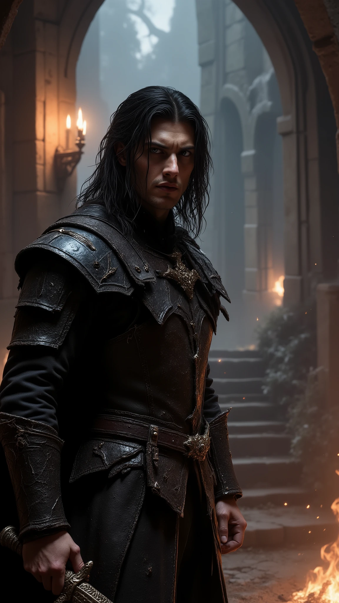 (masterpiece:1.2), (the best quality:1.2), 8K, HDR-10, ultra detailed, ((photorealistic)), professional light, cinematic lighting, fashion photography, ambient lighting, bottom, a medieval village, darkness, epiCPhoto, Fire, stairs, a thief , Face of a young Jensen Ackles, long black hair, black eyes, Male, athletic body, with ragged cloth armor, holding an ice dagger in each hand.