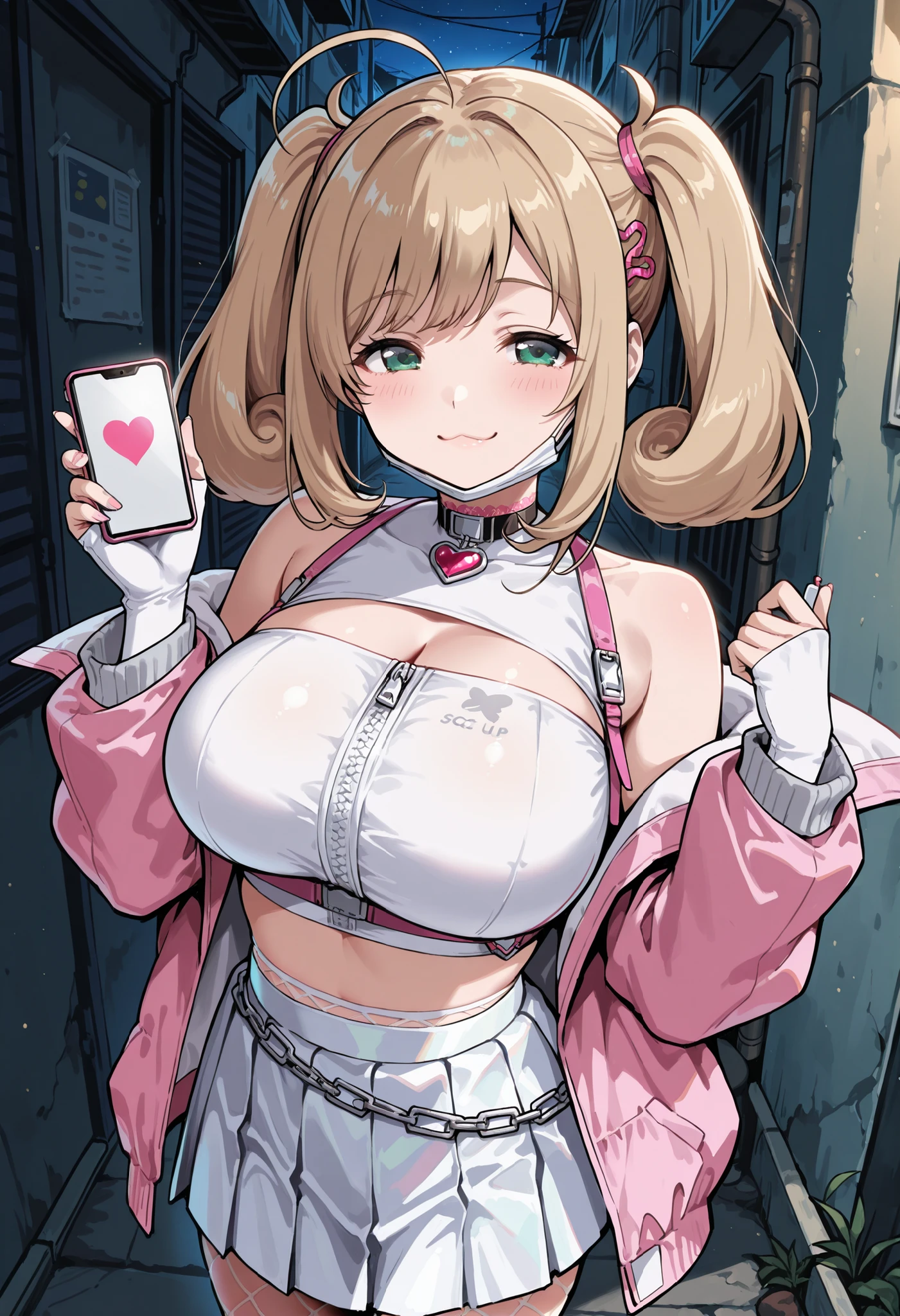 Score_9, score_8_up, score_7_up, source_anime, sato shin, solo, twintails, ahoge, blonde hair, green eyes, large breasts, (best quality), (high quality), {masterpiece}, extremely delicate and beautiful, ultra-detailed, beautiful detailed eyes, Viper_Cosplay, open clothes, choker, crop top, fishnets, white pleated skirt, pink jacket, cellphone, holding cellphone, backalley, night, white mask, mask pull, smile, :3, standing