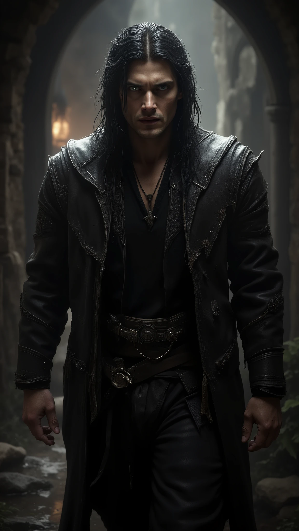 (masterpiece:1.2), (the best quality:1.2), 8K, HDR-10, ultra detailed, ((photorealistic)), professional light, cinematic lighting, fashion photography, ambient lighting, bottom, a medieval village, darkness, epiCPhoto, a thief , Face of a young Jensen Ackles, long black hair, black eyes, Male, athletic body, with ragged cloth armor. Walking to the front. detailed body, ultra detailed, without errors. detailed hands.