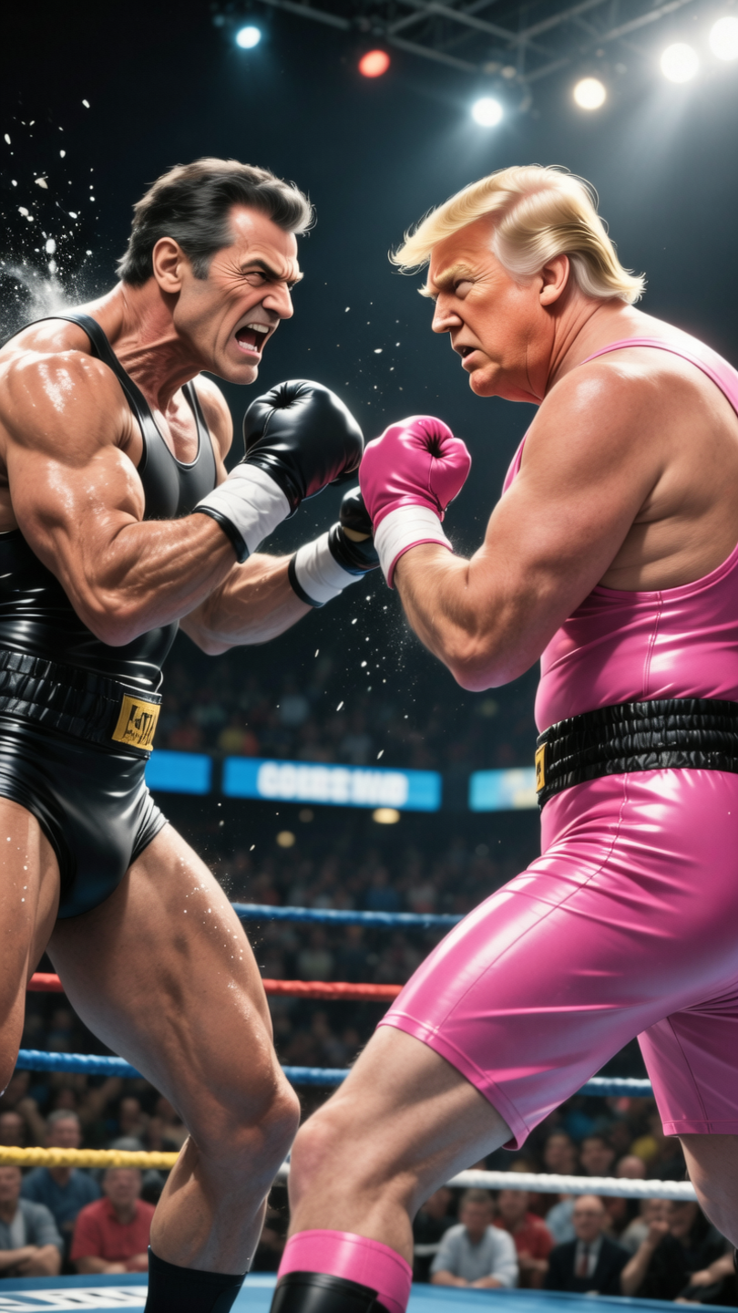 Best Quality, Masterpiece, super high resolution, Blonde powergirl with very white skin with big breasts and very thick legs kneeling kissing the hand of a fat black boy with crown dressed as a king in the middle of the street, whole body, makeup, cheek bulge, smiley, (realism:1.5)