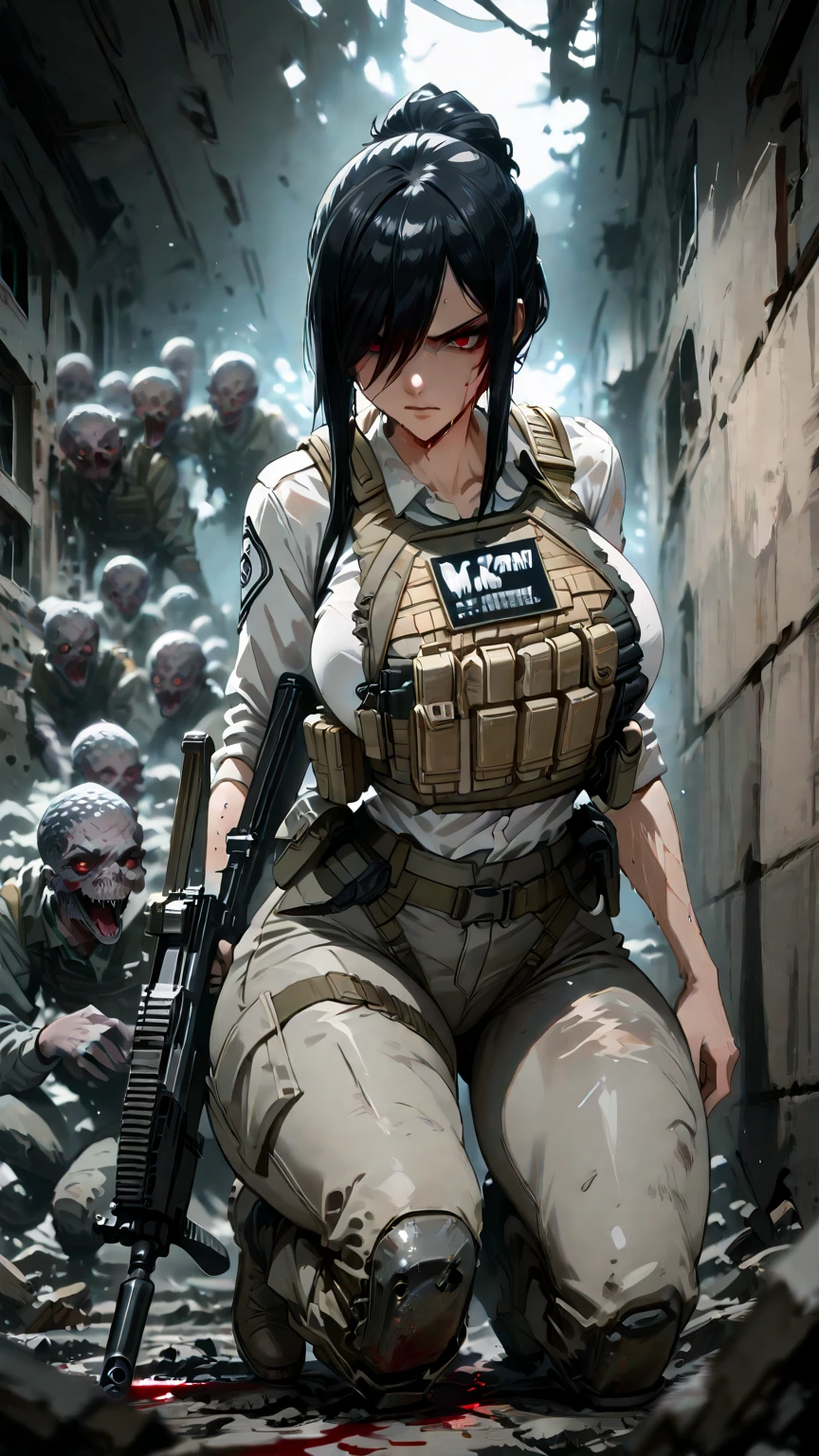 (best quality,ultra-detailed,realistic:1.37),musclaur badass girl with sculpted body with preview her musclaur body and six-pack, full review of the female character face and body, intense expression,studio lighting, vivid colors, physiologically-based rendering, grungy texture, rugged background, dust particles in the air, commanding presence, professional, powerful, gritty aesthetics,,Valmet،short hair،tattoos on shoulders,,Shining muscles, muscle protrusion,Valmet have a  muscles,eyepatch,,wet body,wet clothes,white skin,water dropped on body,Shining skin,camouflage pants, tank top female inside , dog tags, gloves,vest, boots, bandolier, ammunition belt