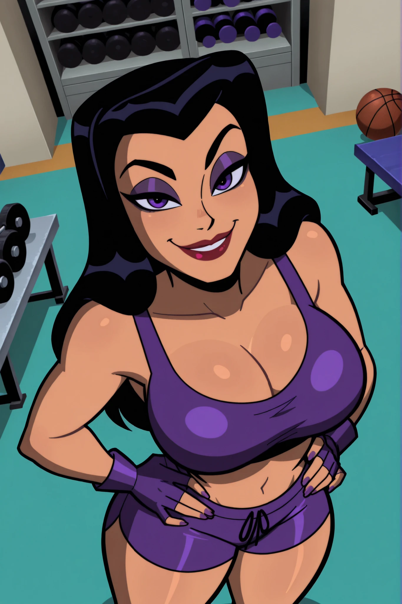 BREAK, score_8_up, score_7_up, score_6_up, score_9, h00nt33s 1girl, solo, long hair, , smile, black hair, purple eyes, makeup, lipstick, cleavage, curvy, athletic, looking at viewer, seducing viewer, teasing viewer, indoors, gym, standing,  expression, bedroom eyes, busty, purple sports bra, purple gym shorts, purple fingerless gloves, portrait, upper body, closeup, high-angle view, dark purple eyeshadow, hands on waist 