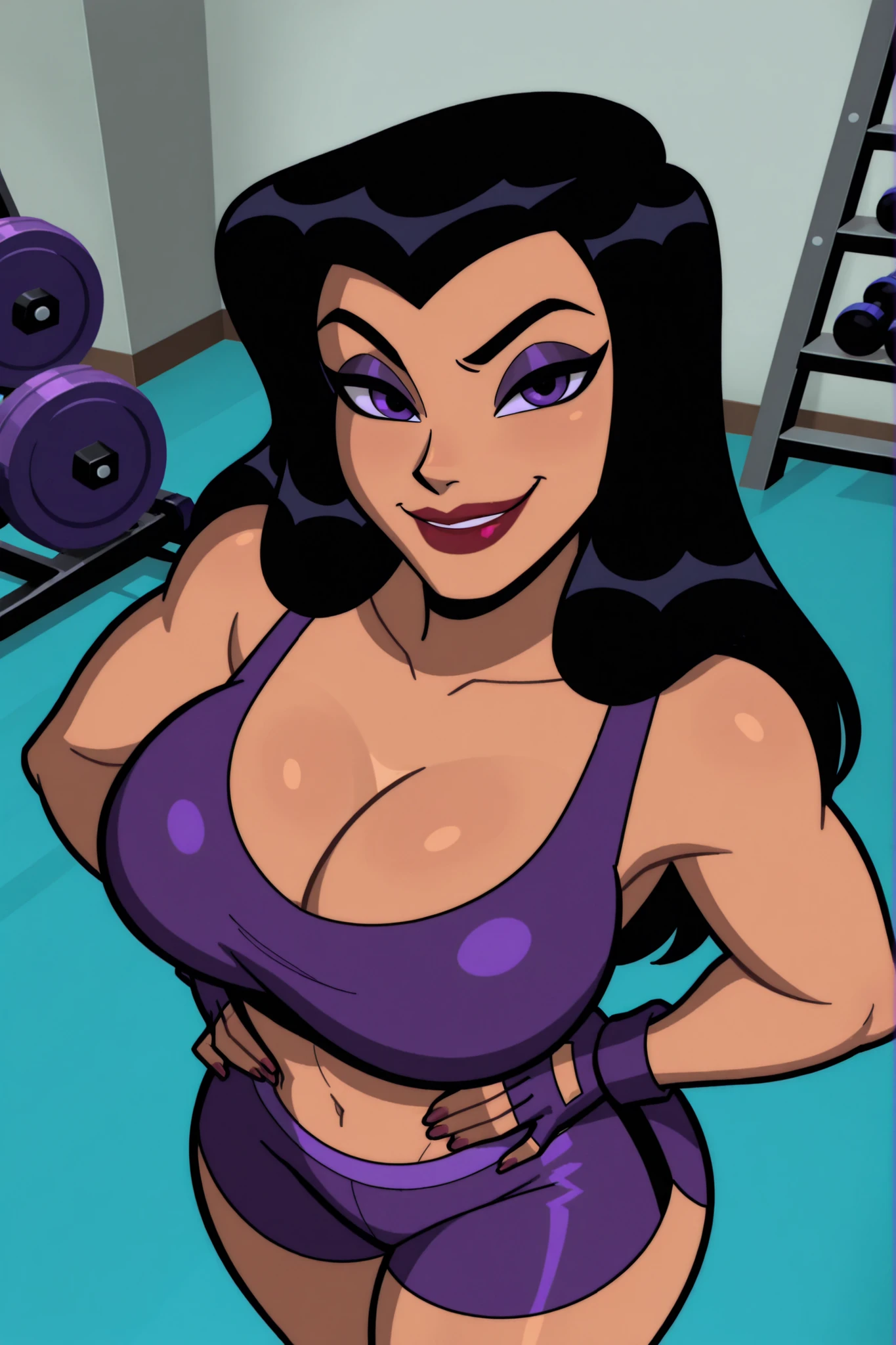 BREAK, score_8_up, score_7_up, score_6_up, score_9, h00nt33s 1girl, solo, long hair, , smile, black hair, purple eyes, makeup, lipstick, cleavage, curvy, athletic, looking at viewer, seducing viewer, teasing viewer, indoors, gym, standing, expression, bedroom eyes, busty, purple sports bra, purple gym shorts, purple fingerless gloves, portrait, upper body, closeup, high-angle view, dark purple eyeshadow, hands on waist