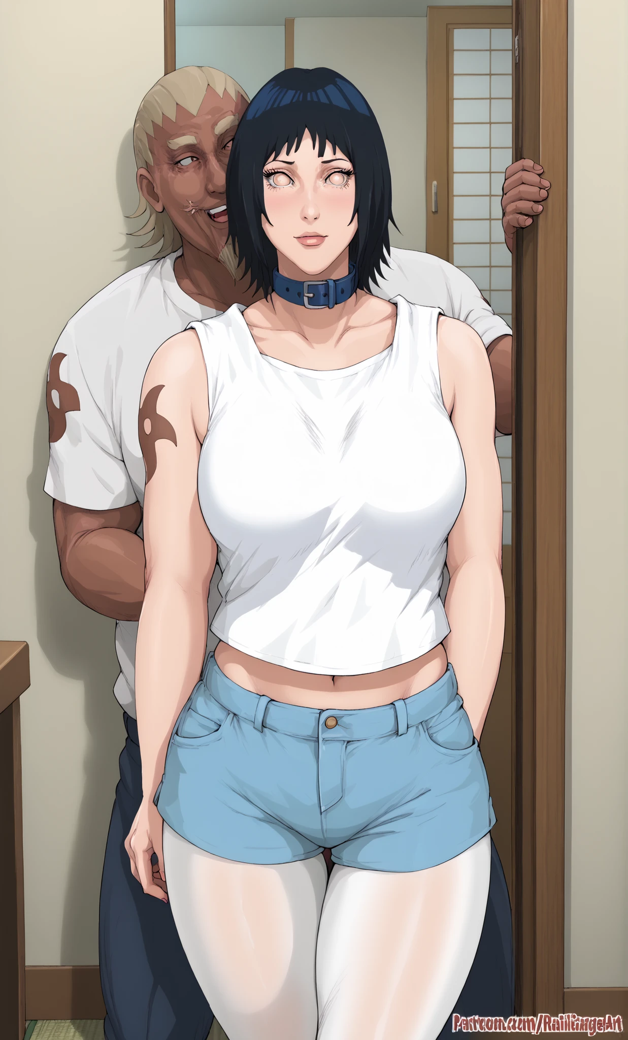 
high quality, masterpiece, 
Hinata Hyuga, short girl with long dark black hair, Bumps on the forehead, big white eyes with long eyelashes, flushed cheeks and shy expression. wears a Japanese sailor-style school uniform with a white blouse with a blue collar and a short miniskirt. She has wide thighs and a pronounced curvature in her hips. She wears white thigh-high tights with a decorative pattern, with a visual filter that simulates the recording of a video camera."
,  ,  Ugly man, high, bald and black, Faceless, very tall stature, calvo, wearing casual clothing shorts with a bundle and a sleeveless t-shirt, Put on your batteries. Both standing in the frame of a traditional Japanese sliding door,  vertical frame , netorare, ntr,  messy room , style and faithful to chainsaw man 