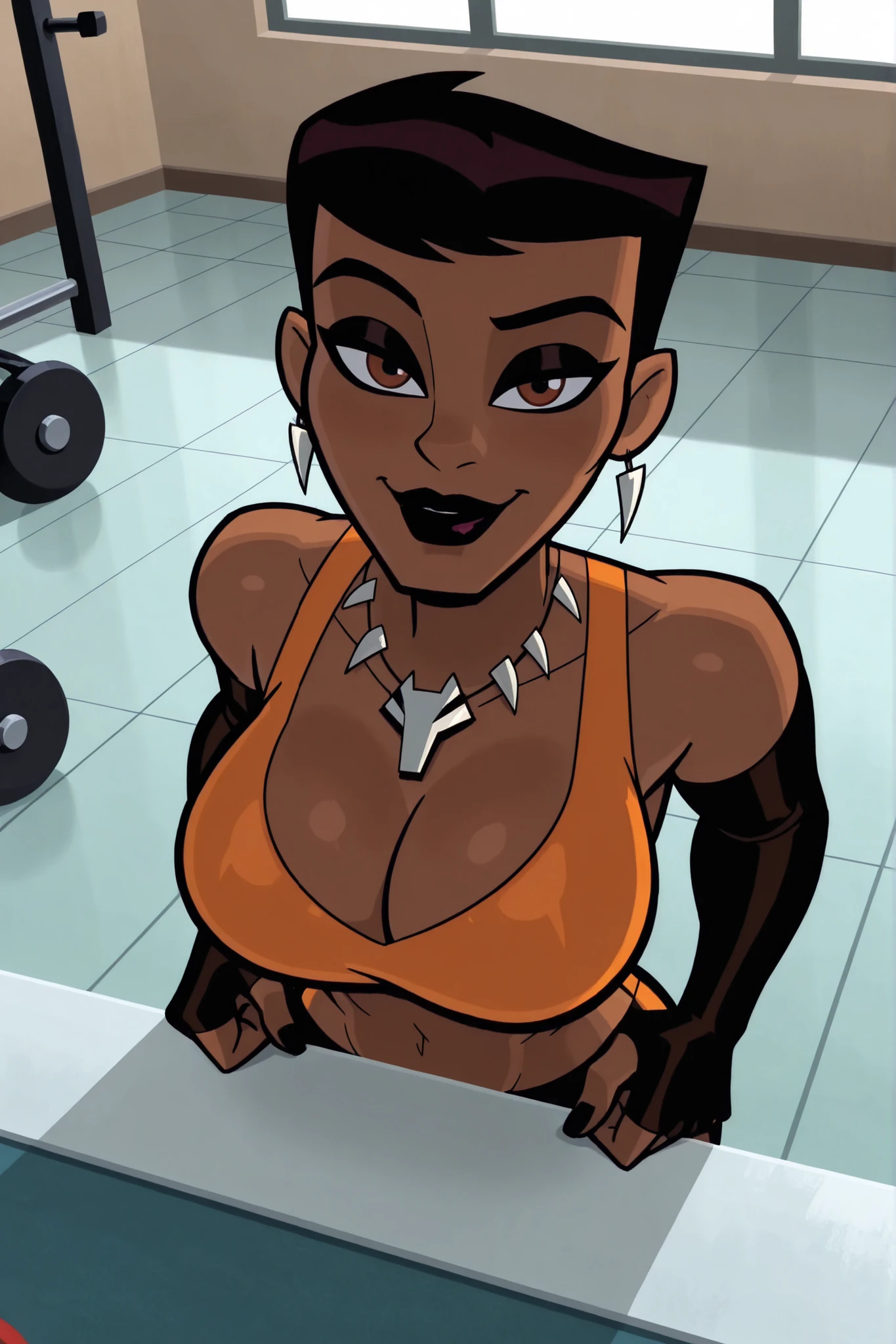 BREAK, score_6_up, score_7_up, score_8_up, score_9, masterpiece, best quality, dramatic lighting, intricate details, 1girl, solo, , cleavage, curvy, athletic, looking at viewer, seducing viewer, teasing viewer, smiling, closed mouth,  expression, bedroom eyes, short hair, black hair, jewelry, necklace, colored skin, dark-skinned female, dark skin, muscular female, colored sclera, lipstick, makeup, v1x3n, standing, indoors, busty, orange sports bra, orange gym shorts, orange fingerless gloves, portrait, closeup, upper body, gym,  shoulders, high-angle view, black eyeshadow,  shoulders, hands on waist 