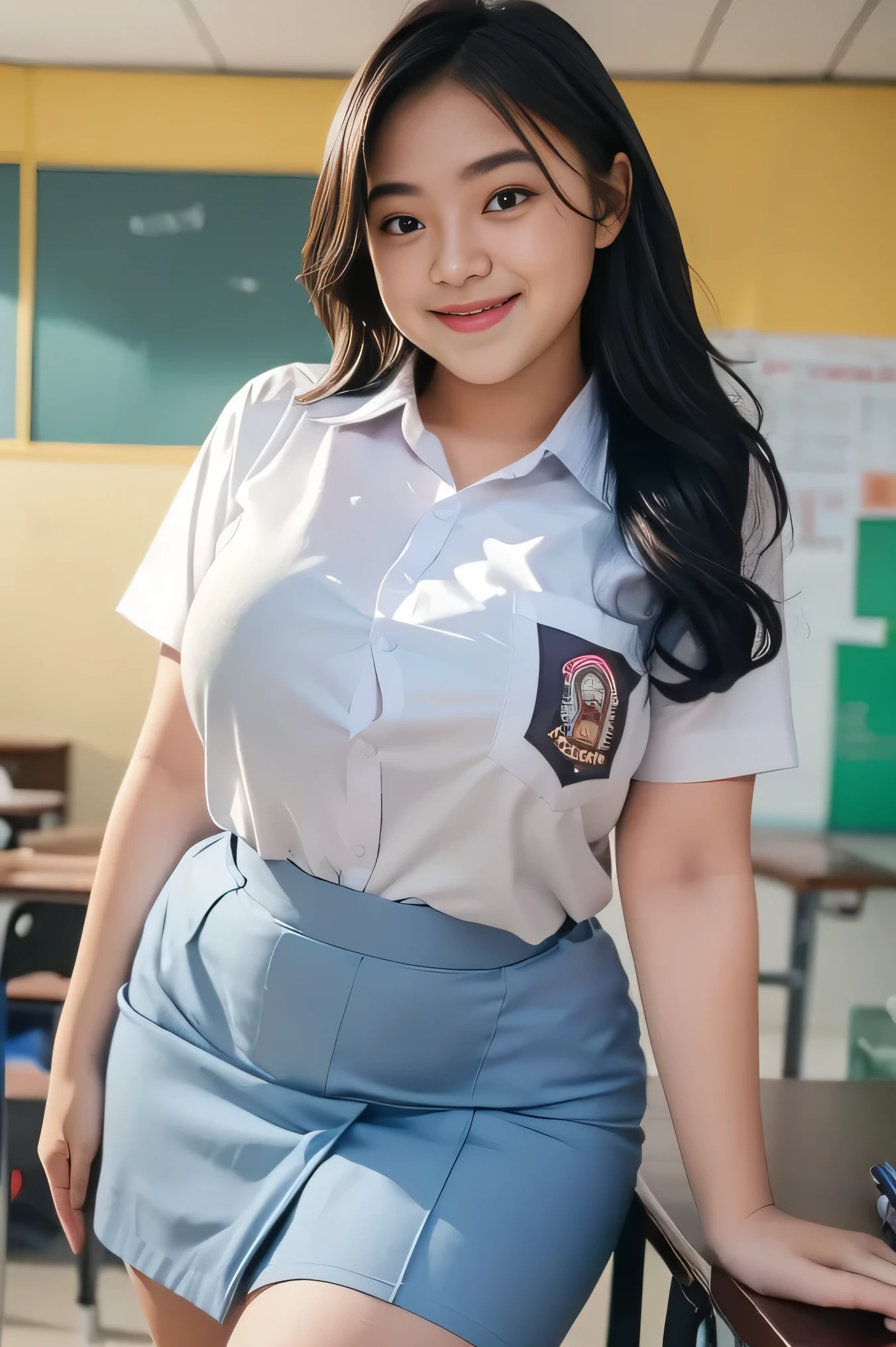 1girl, solo, 19 years old, (uniform), detailed high school classroom, band over, semi-thick breasts, semi-curvy body, smooth realistic skin, cute smile, white shirt, grey blue short skirt, looking at the audience, high angle shot,(8k, RAW photo, best quality, masterpiece: 1.3), (realistic, realistic: 1.37), ultra-high resolution