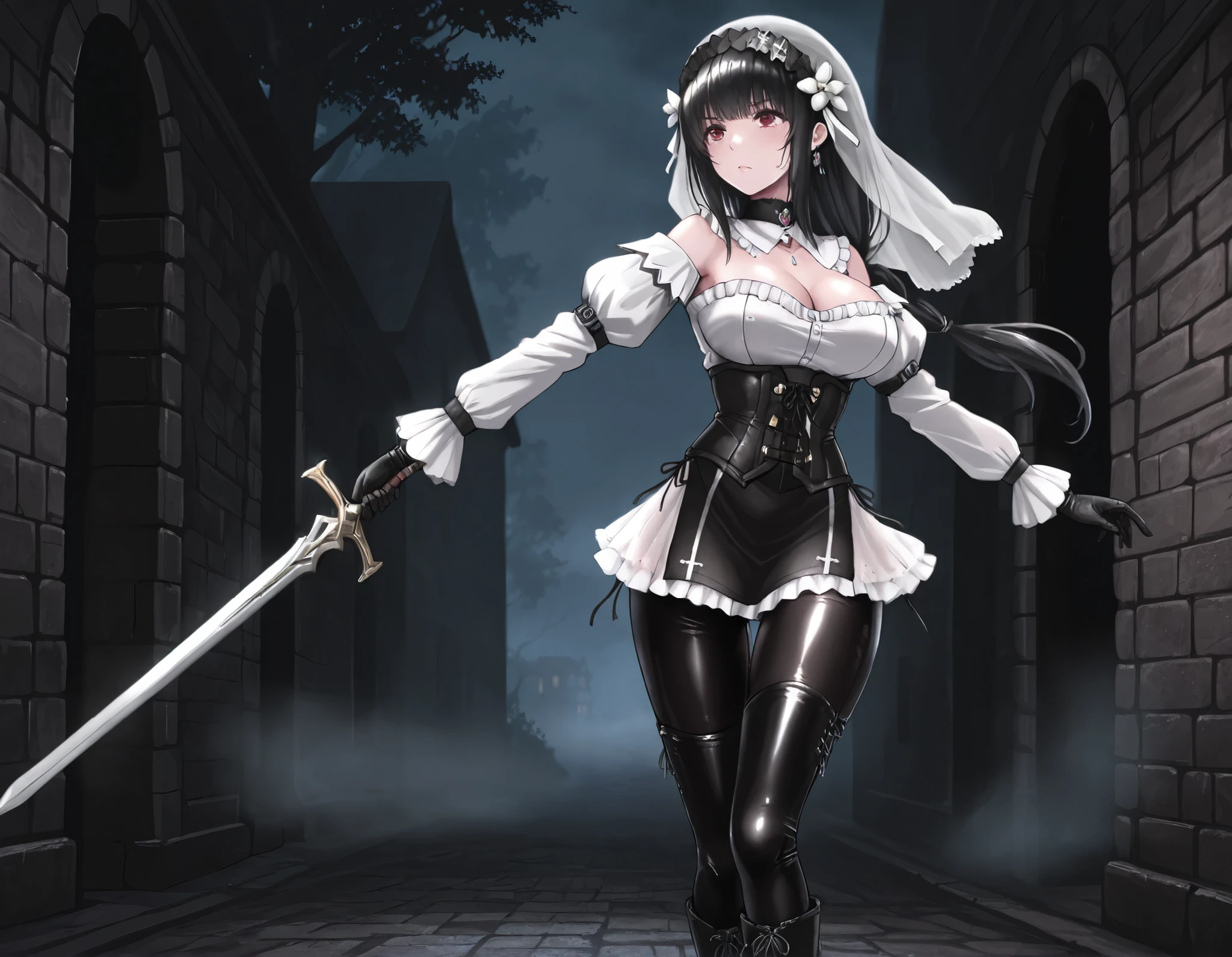  masterpiece, the best quality, muy estético, approach, 1girl, rabiane, nun's veil skirt, Alone, standing, dynamic pose, holds a sword in his hand, serious look, black high boots, thigh-high boots,  cchoker:1.6, buttoned shirt, (( Buttoned white buttoned shirt)), ((plain white long sleeve buttoned shirt)), ((black leather corset)), black leather gloves, (((Shiny black leather leggings))), Detailed face, detailed eyes, detailed eyes, Red Eyes, black hair, Pechos grandes, dark, Masonry street, Villa Antigua, fog, trees, at night