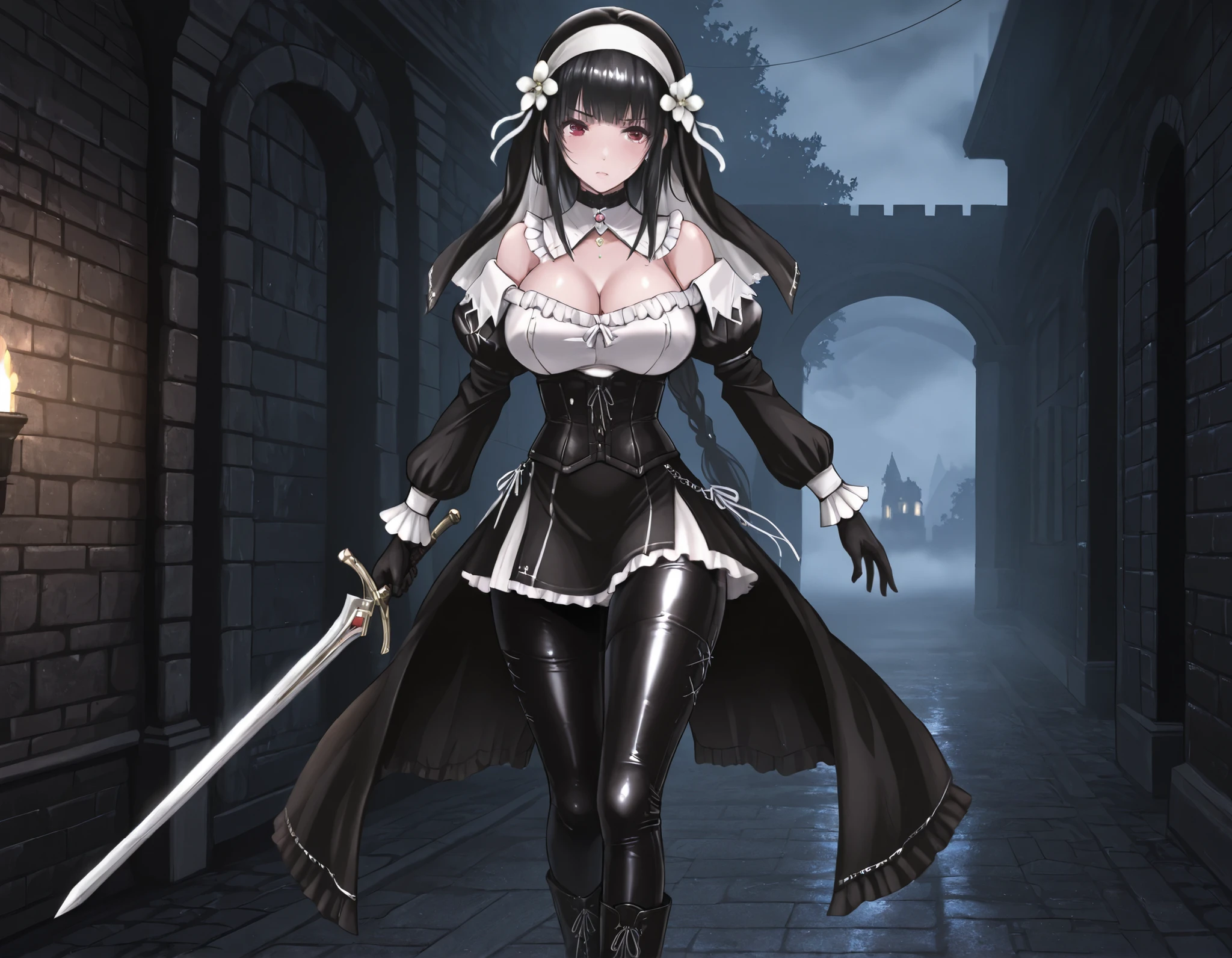 masterpiece, the best quality, muy estético, approach, 1girl, rabiane, nun's veil skirt, Alone, standing, dynamic pose, holds a sword in his hand, serious look, black high boots, thigh-high boots,  cchoker:1.6, buttoned shirt, (( Buttoned white buttoned shirt)), ((plain white long sleeve buttoned shirt)), ((black leather corset)), black leather gloves, (((Shiny black leather leggings))), Detailed face, detailed eyes, detailed eyes, Red Eyes, black hair, Pechos grandes, dark, Masonry street, Villa Antigua, fog, trees, at night