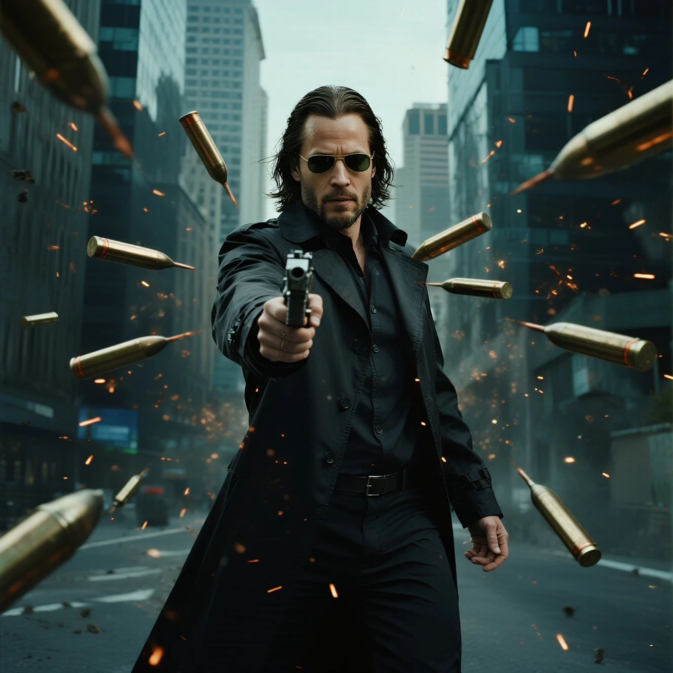 Stunning ultra high definition photography, slow motion effect, National Geographic style, crisp details, vibrant colors, dramatic lighting. Shot on Canon EOS R5 mirrorless camera, 100mm macro lens, f/2.8 aperture, 1/1000 sec shutter speed, ISO 100. Captured on Kodak Ektar 100 film, scanned at high resolution. stunning black and white graphite sketch of Neo, resembling the actor Keanu Reeves wearing a black suit and black shades, panoramic shot, from The Matrix film trilogy, in dynamic pose firing a gun in each hand, background and ambiance of the Matrix streaming binary code and cityscape at night