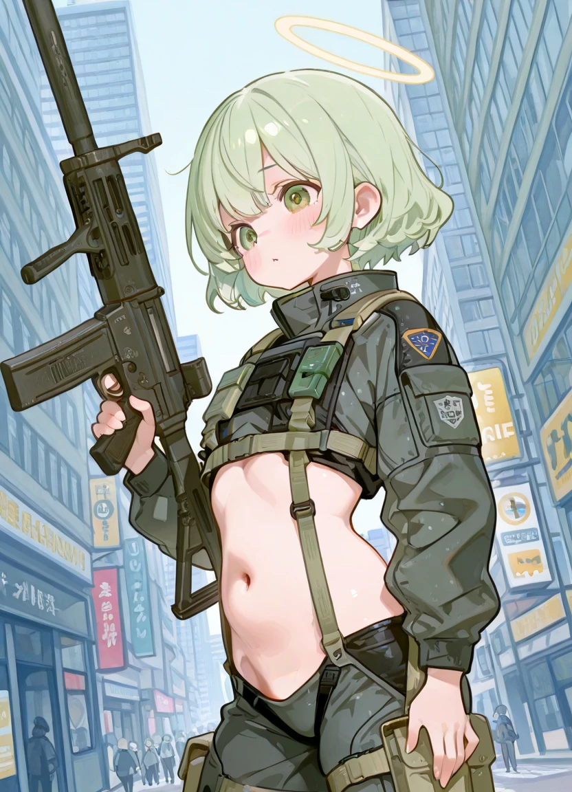 Highest quality,masterpiece,One Girl,Silver Hair,short hair,Waistline,smile,Plump thighs,Groin,Chibi,Childish,Black ribbon hair band,Female ninja,Ninja,naruto,special forces,Combat Ready,Fishnet tights,Mesh ,Mesh inner,Green  uniform,Green ,Murderous intent,2 Japanese swords,Kunai,Shuriken,A dynamic pose,Spread your legs,very small breasts,low length,cyber punk,Near future,sf,City,22nd century, of ,Sexy pose,muscle質なお腹,Abdominal muscles,muscle