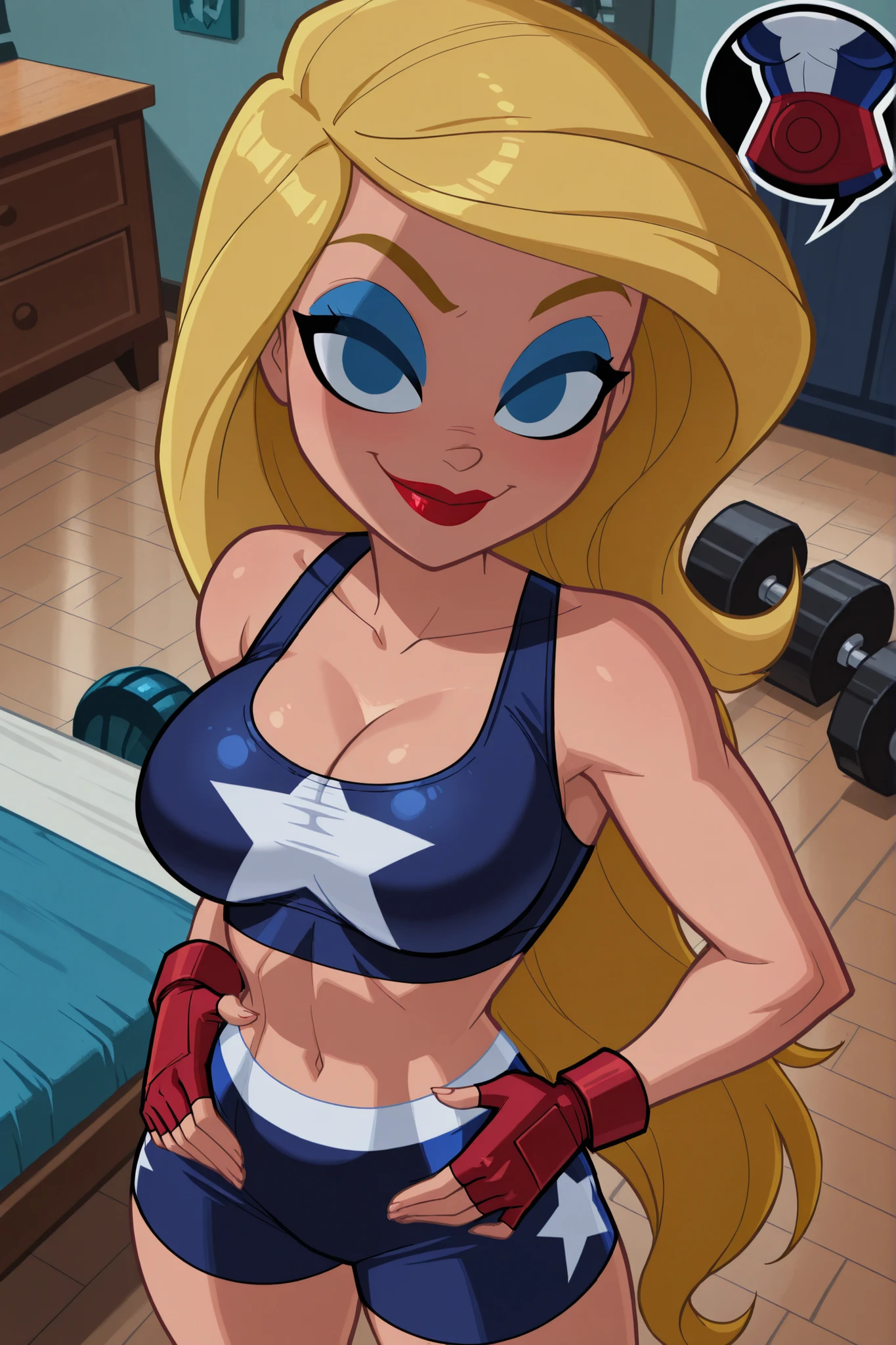 BREAK, score_6_up, score_7_up, score_8_up, score_9, Stargirl, 1girl, solo, long hair, blue eyes, blonde hair, lipstick, superhero, red lips, , cleavage, curvy, athletic, looking at viewer, seducing viewer, teasing viewer, smiling, closed mouth,  expression, bedroom eyes, busty, dark blue sports bra, dark blue gym shorts, red fingerless gloves, indoors, gym, standing, portrait, upper body, closeup, high-angle view, blue eyeshadow, hands on waist 