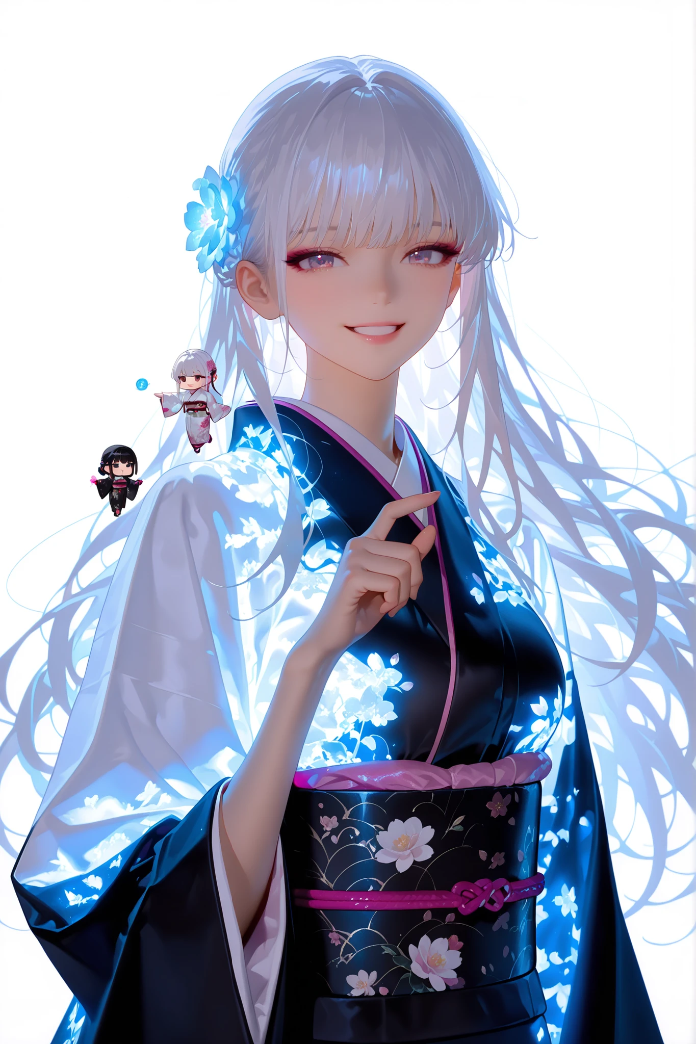 glowing kimono,obi,sash,Wide sleeves,Kimono,score_9, score_8_up, score_8, Emote , high quality, high res , highly detailed face, white background, chibi , upper body close up,Beautiful woman, long and well-groomed cyan-white hair, hair slightly in the air, with her hand up as if pointing at something, smiling, eyes that demonstrate power, wearing a long white kimono like an overcoat on top, a black kimono underneath, well-detailed hands, well-drawn hands