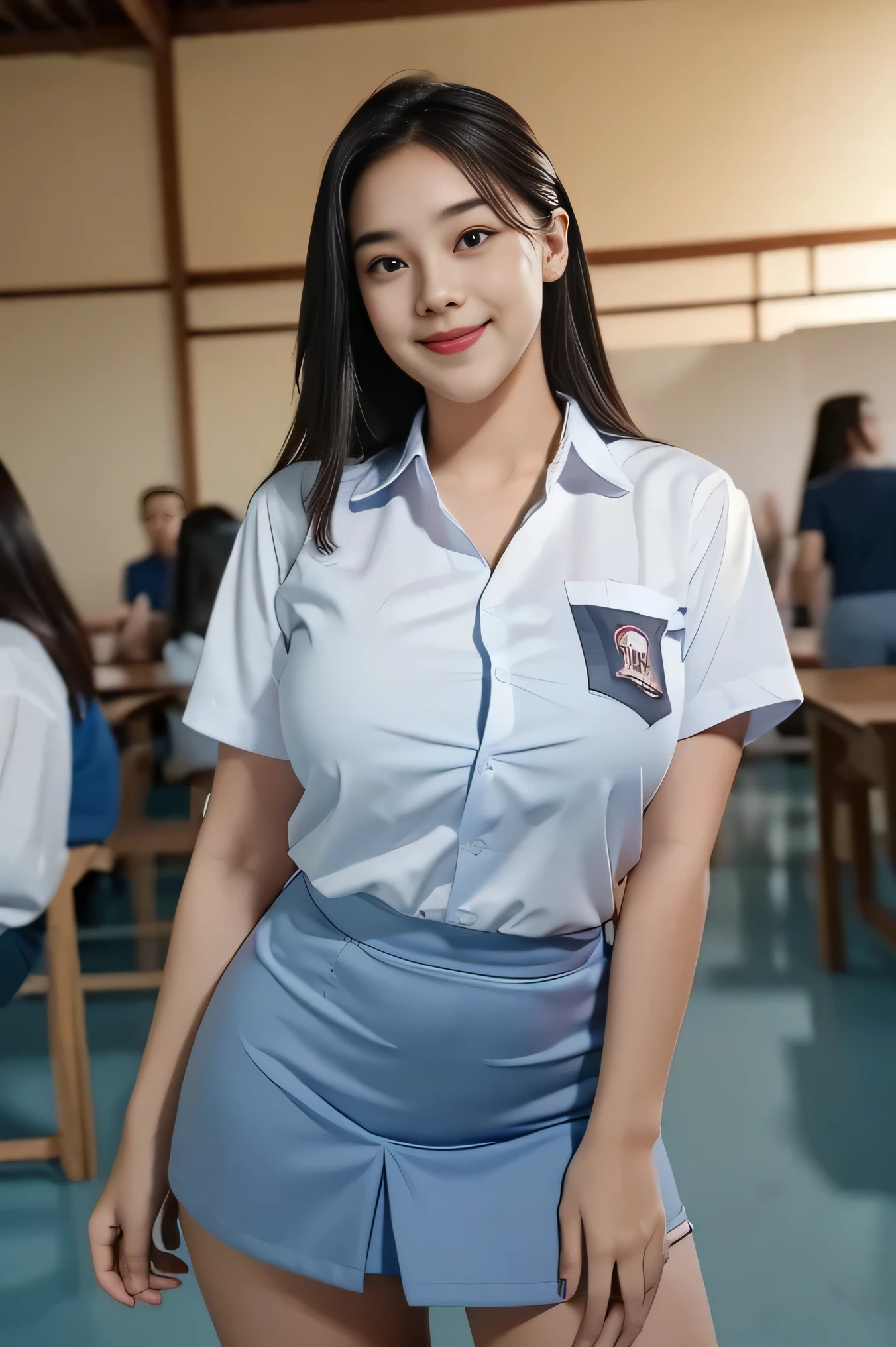 1girl, solo, 19 years old, (uniform), at the dance club, sexy pose, semi-thick breasts, smooth realistic skin, cute smile, white shirt, grey blue short skirt, looking at the audience, above head angle shot,(8k, RAW photo, best quality, masterpiece: 1.3), (realistic, realistic: 1.37), ultra-high resolution