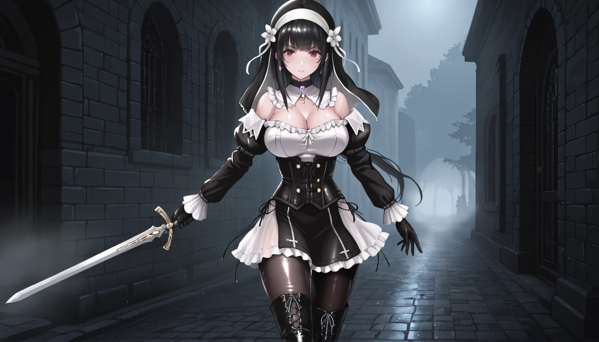  masterpiece, the best quality, muy estético, approach, 1girl, rabiane, nun's veil skirt, Alone, standing, dynamic pose, holds a sword in his hand, serious look, black high boots, thigh-high boots,  cchoker:1.6, buttoned shirt, (( Buttoned white buttoned shirt)), ((plain white long sleeve buttoned shirt)), ((black leather corset)), black leather gloves, (((Shiny black leather leggings))), Detailed face, detailed eyes, detailed eyes, Red Eyes, black hair, Pechos grandes, dark, Masonry street, Villa Antigua, fog, trees, at night