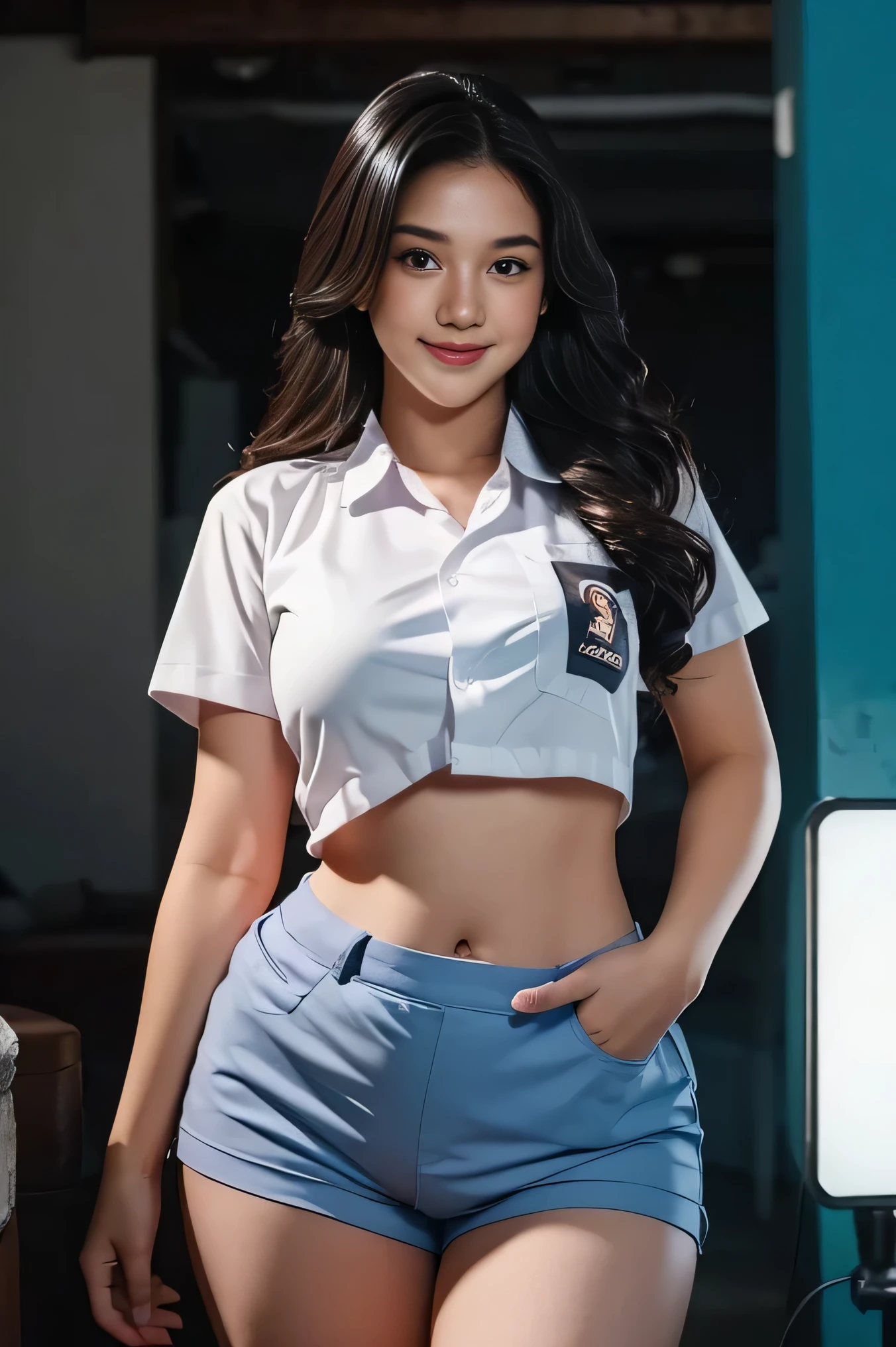 1girl, solo, 19 years old, (uniform), at the dance club,  pose, semi-thick , smooth realistic skin, cute smile, white shirt, grey blue shorts, photorealistic, 8K, ultra-detailed, hyper-realistic, physically-based rendering, chiaroscuro lighting, neon lights, vibrant colors, moody atmosphere, elegant aesthetic, glamour photography