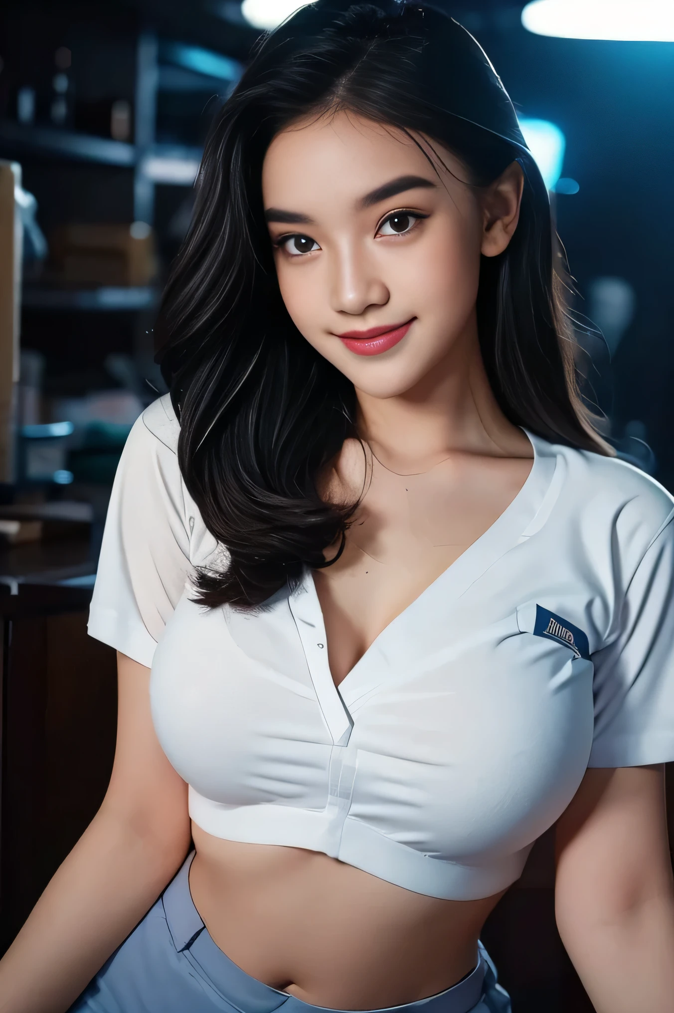1girl, solo, 19 years old, (uniform), at the dance club,  pose, semi-thick , smooth realistic skin, cute smile, white shirt, grey blue shorts, photorealistic, 8K, ultra-detailed, hyper-realistic, physically-based rendering, chiaroscuro lighting, neon lights, vibrant colors, moody atmosphere, elegant aesthetic, glamour photography