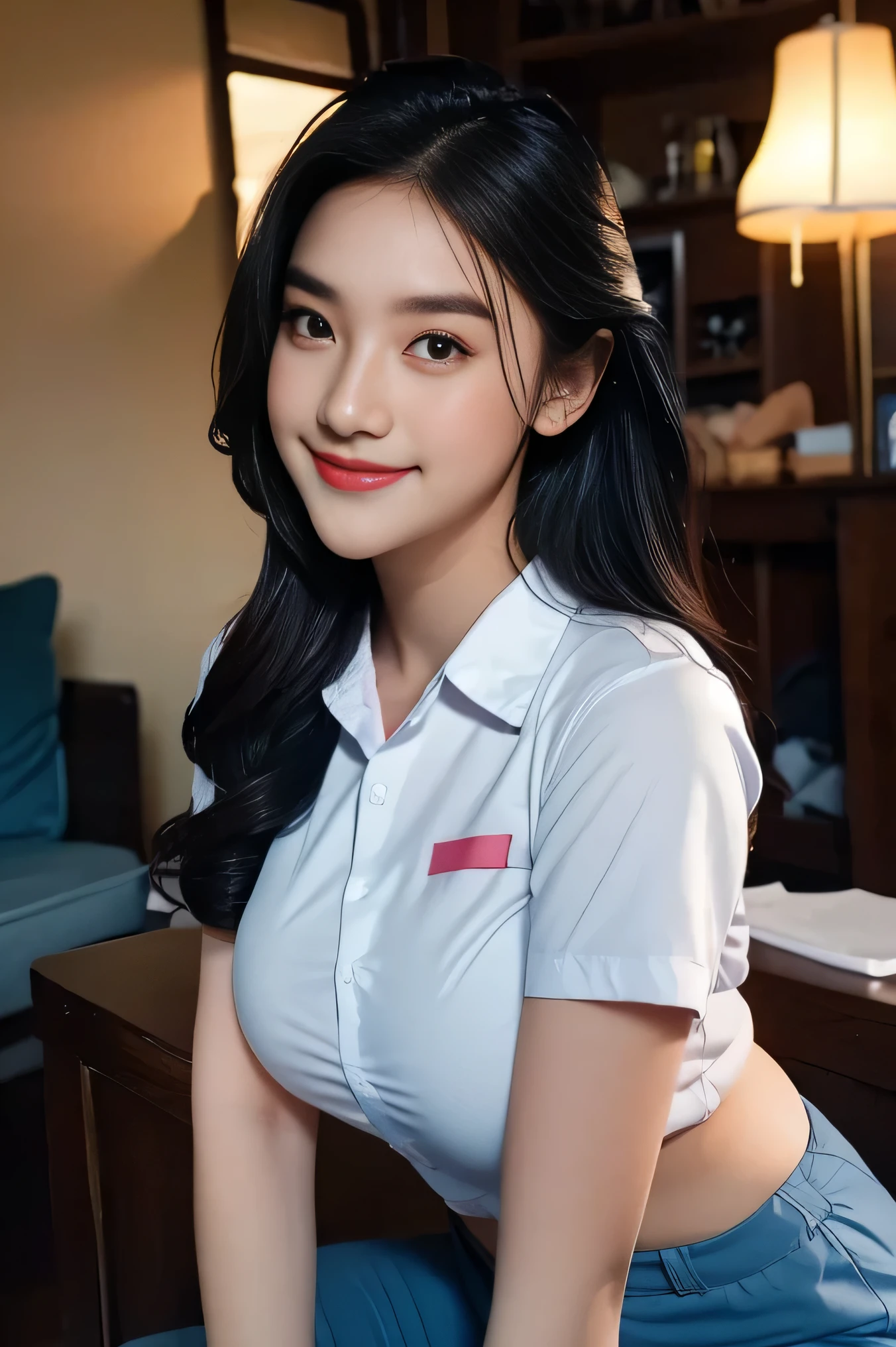 1girl, solo, 19 years old, (uniform), at the dance club, sittung down, semi-thick , smooth realistic skin, cute smile, white shirt, grey blue shorts, photorealistic, 8K, ultra-detailed, hyper-realistic, physically-based rendering, chiaroscuro lighting, neon lights, vibrant colors, moody atmosphere, elegant aesthetic, glamour photography