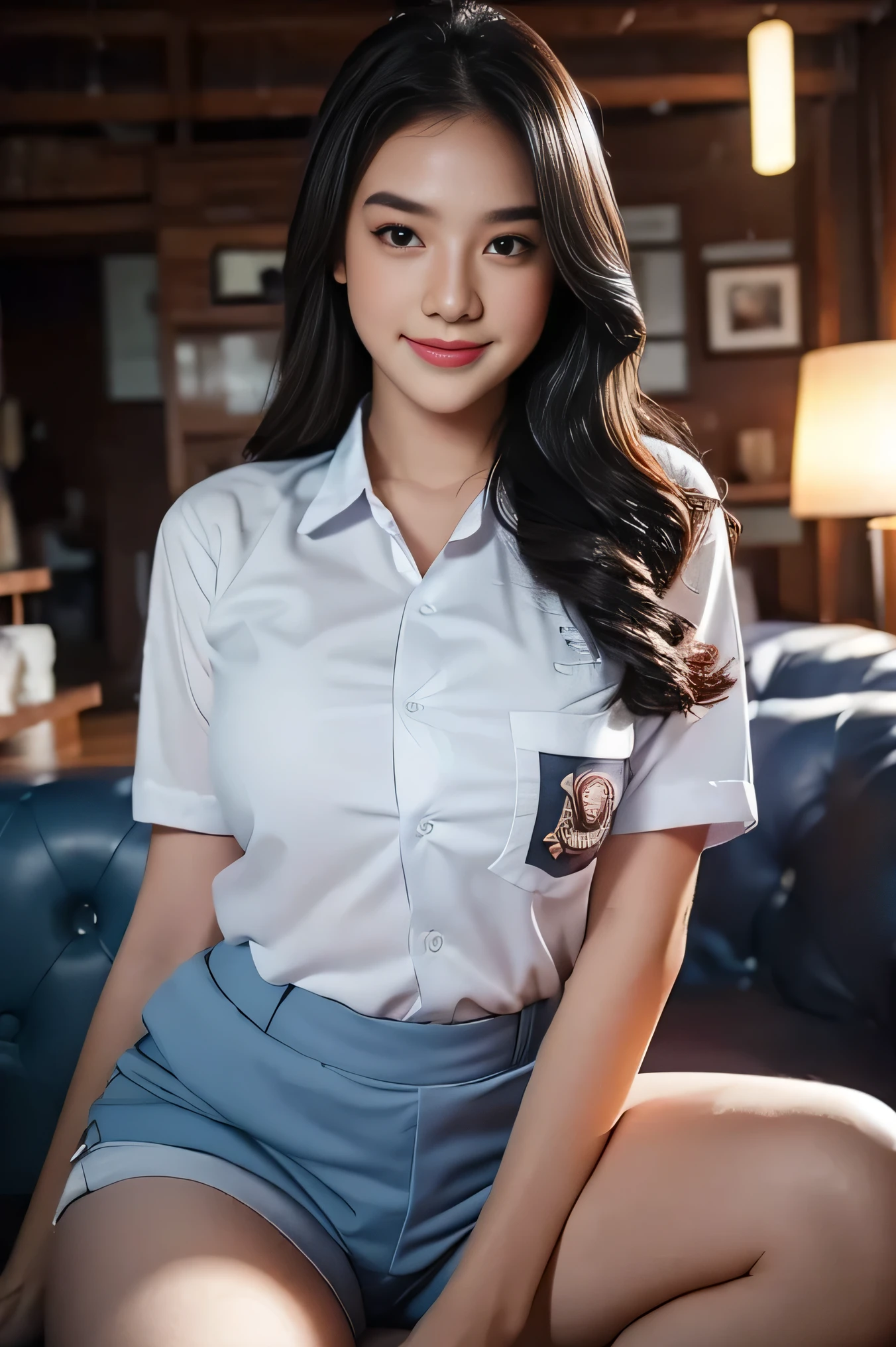 1girl, solo, 19 years old, (uniform), at the dance club, sittung down, semi-thick , smooth realistic skin, cute smile, white shirt, grey blue shorts, photorealistic, 8K, ultra-detailed, hyper-realistic, physically-based rendering, chiaroscuro lighting, neon lights, vibrant colors, moody atmosphere, elegant aesthetic, glamour photography