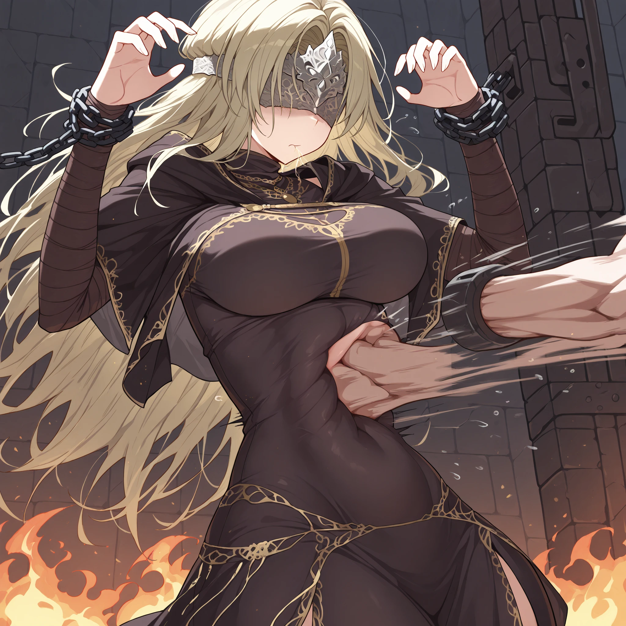 Masterpiece,best quality,highres,Super detailed,very detailed,highest quality,super detailed,high quality,high-definition,extremely detailed,absurdres,perfect light,outdoors,hanging all hands over head higher,hanging two hands over head higher,((((chain restrict her wrist)))),sexy,sexy belly line,Sexy belly line,Sexy Belly Line,navel punch,Navel punch,Navel Punch,(((((bellypunching,Bellypunching,Belly punching,Belly Punching,navel punch,Navel punch,Navel Punch,belly punching:1.2))))),
*//*,Fire keeper,blonde hair,long hair,silver circlet over her blindfold,breasts,black dress,taut cloth,impossible cloth,navel,covered navel,covered navel black dress,covered belly,covered belly black dress,
*//*,looking at viewer,closed mouse