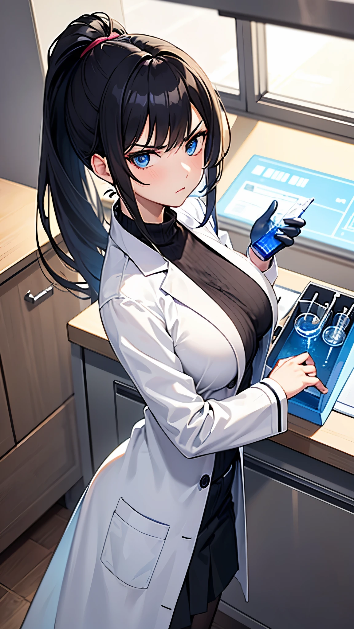 there is a drawing of a woman dressed in a white coat and gloves, a lab coat, scientist, with a lab coat, commission for high res, , robe over , , , gloves, puts on gloves