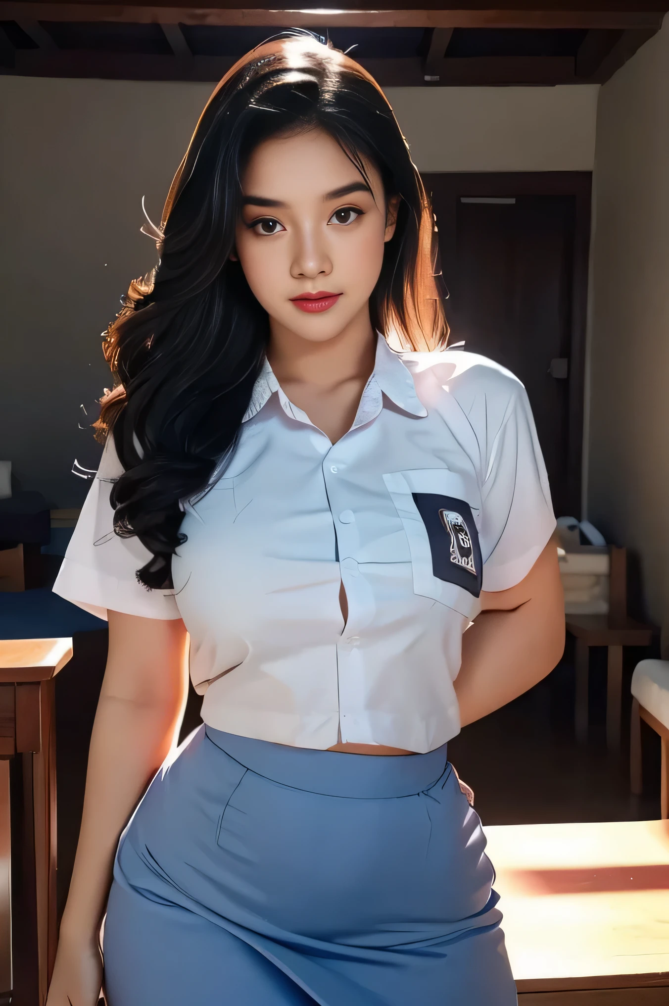 1girl, solo, 19 years old, (uniform), at the dance club,  pose, semi-thick , smooth realistic skin, abgry face, white shirt, grey blue skirt, photorealistic, 8K, ultra-detailed, hyper-realistic, physically-based rendering, chiaroscuro lighting, neon lights, vibrant colors, moody atmosphere, elegant aesthetic, glamour photography
