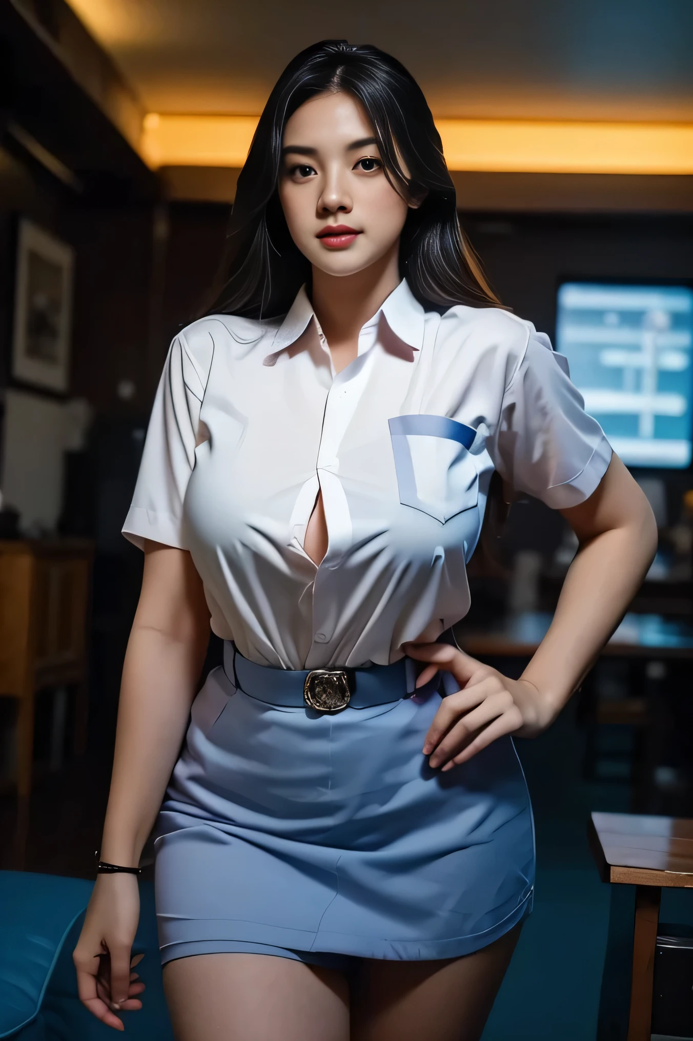 1girl, solo, 19 years old, (uniform), at the dance club, pose, semi-thick , smooth realistic skin, abgry face, white shirt, grey blue skirt, photorealistic, 8K, ultra-detailed, hyper-realistic, physically-based rendering, chiaroscuro lighting, neon lights, vibrant colors, moody atmosphere, elegant aesthetic, glamour photography