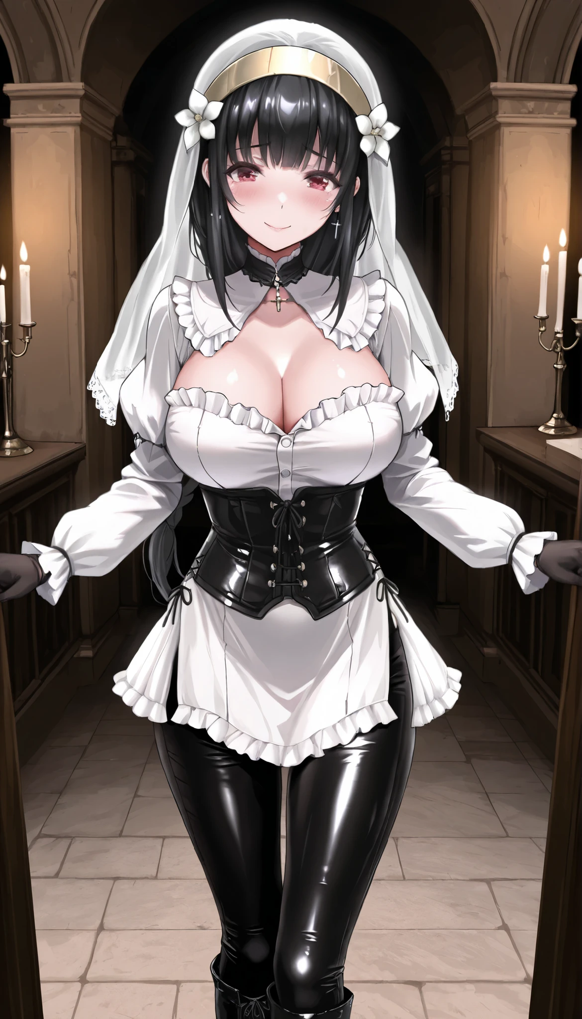 masterpiece, the best quality, muy estético, approach, 1girl, rabiane, nun's veil skirt, Alone, standing, dynamic pose, shy smile, black high boots, thigh-high boots, cchoker:1.6, buttoned shirt, (( Buttoned white buttoned shirt)), ((plain white long sleeve buttoned shirt)), ((black leather corset)), black leather gloves, (((Shiny black leather leggings))), Detailed face, detailed eyes, detailed eyes, Red Eyes, black hair, Pechos grandes, dark, Elegant room, candles, candelabras, at night