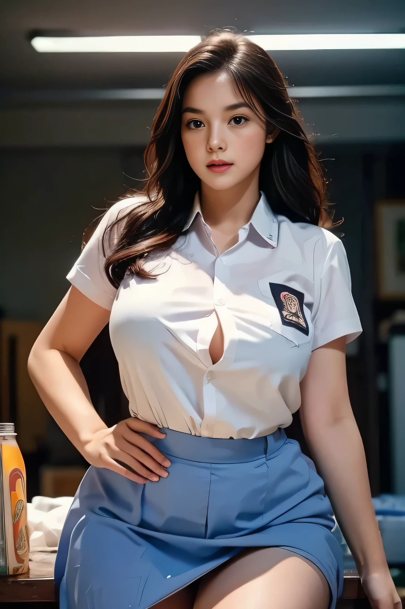 1girl, solo, 19 years old, (uniform), at the dance club, sexy pose, semi-thick breasts, smooth realistic skin, abgry face, white shirt, grey blue skirt, photorealistic, 8K, ultra-detailed, hyper-realistic, physically-based rendering, chiaroscuro lighting, neon lights, vibrant colors, moody atmosphere, elegant aesthetic, glamour photography