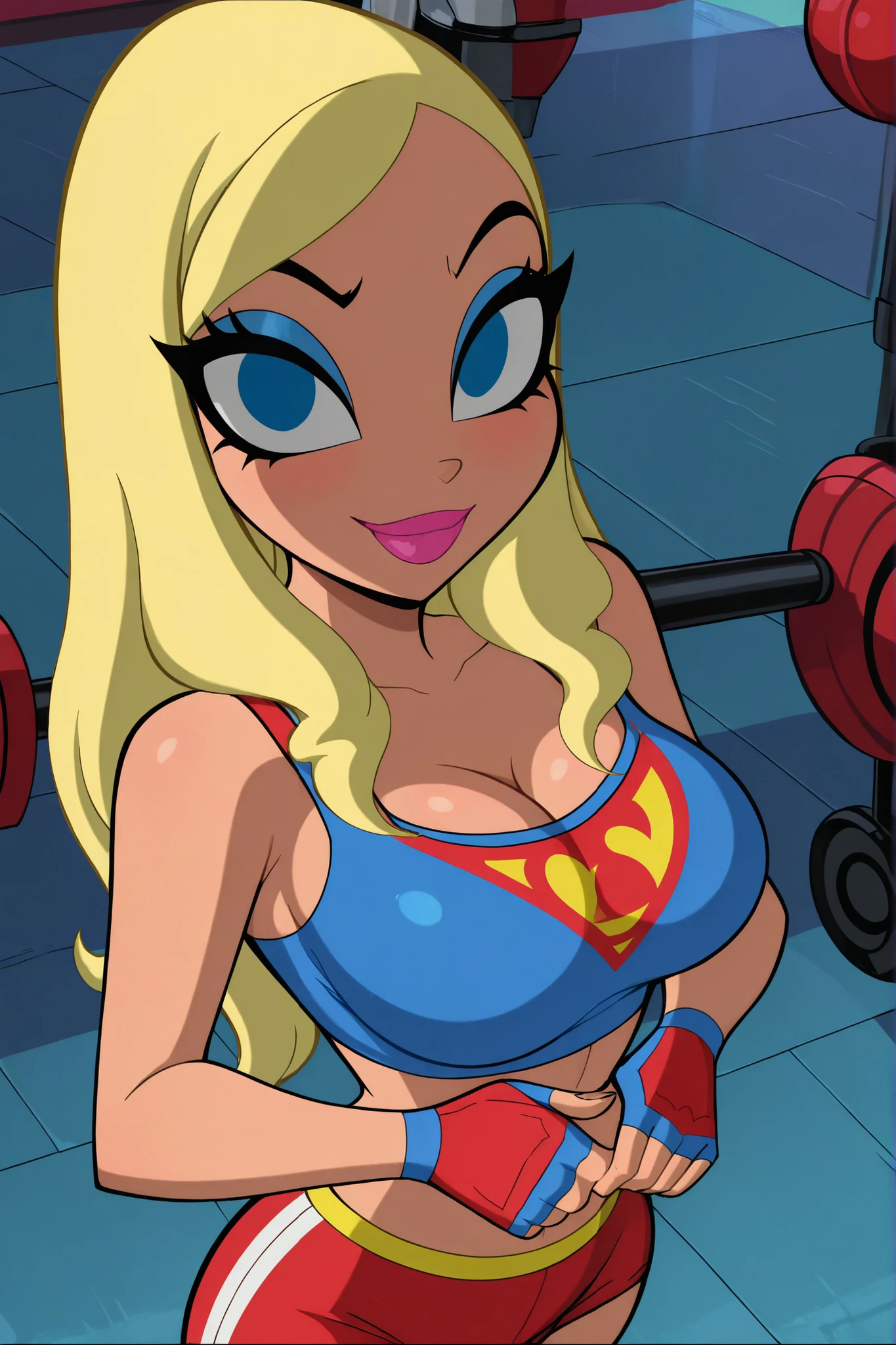 BREAK, score_6_up, score_7_up, score_8_up, score_9, masterpiece, best quality, amazing quality, SGJLA, 1girl, solo, blonde hair, blue eyes, pink lipstick, long hair, makeup, large breasts, busty, cleavage, curvy, athletic, looking at viewer, seducing viewer, teasing viewer, seductive expression, smiling, closed mouth, bedroom eyes, blue sports bra, red gym shorts, blue fingerless gloves, indoors, gym, standing, closeup, portrait, upper body, high-angle view, blue eyeshadow, hands on waist