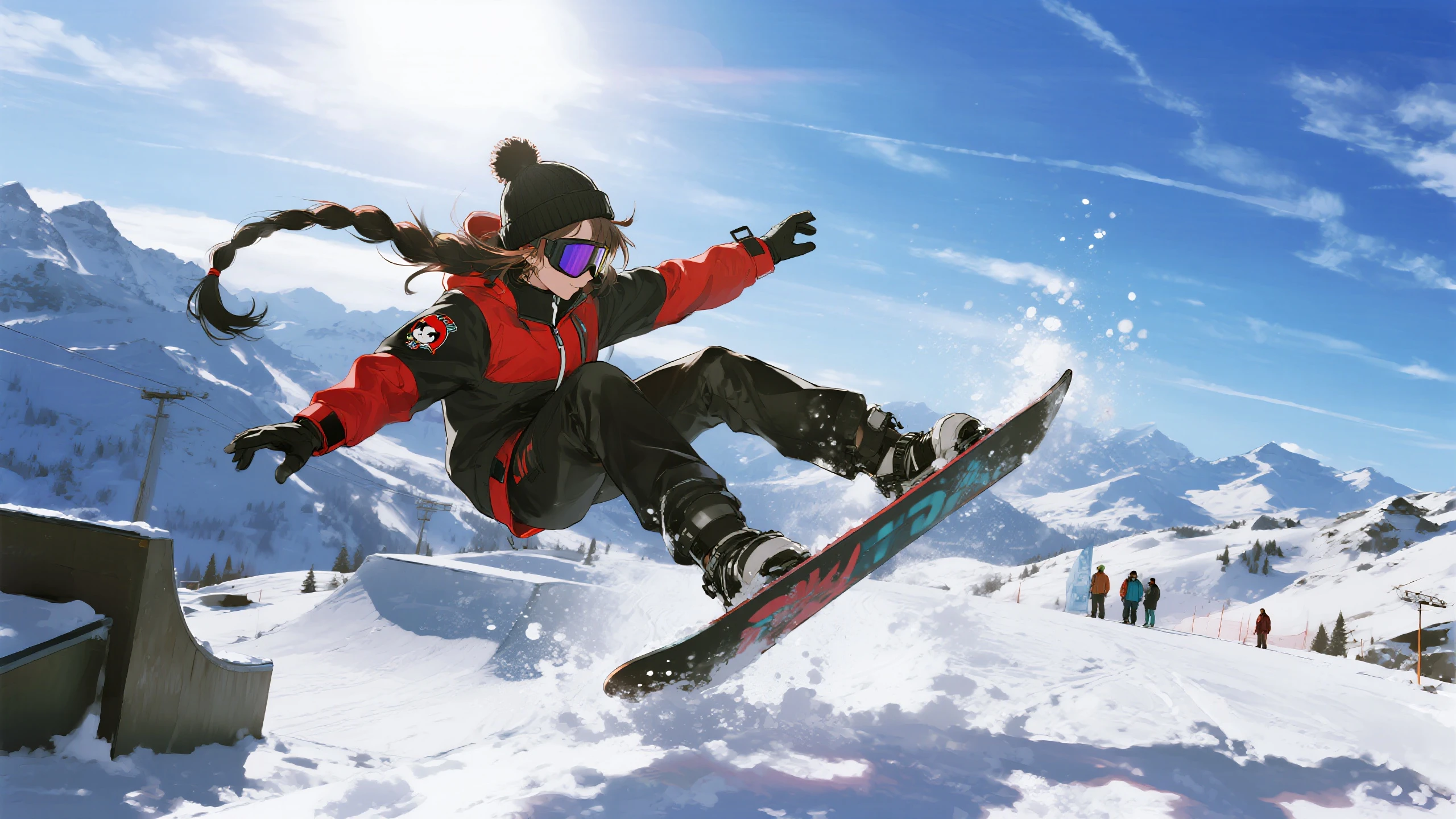 masutepiece, Best Quality, 8K_Wallpaper, (Beautiful eyes), ((of the people around２Glide twice as fast)), Cute, (Yellow Wear、Outerwear is blue、Red pants),1girl in,small tits,1 schoolgirl、Smile,()、(((Glide from the summit)))、Ski resort on a sunny day、snow board、(((A girl is snowboarding down a slope)))(((Wear a snowboard)))、