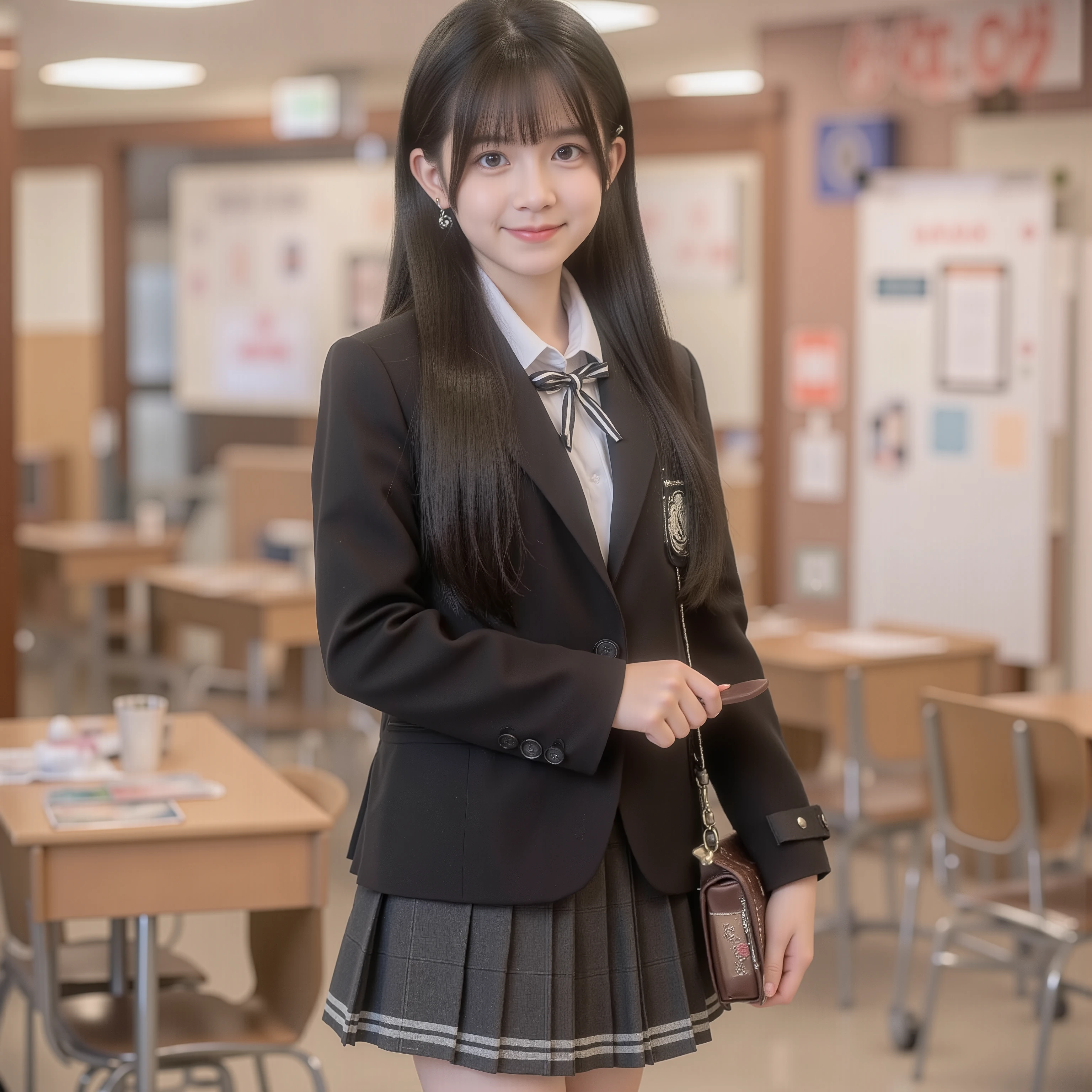 (8k, Highest Quality, masterpiece,full body:1.2), ultra high resolution, complicated details, 1 girl, ((10 years old,elementary school student)),beautiful faces, black long hair, black and white school uniform ,blazer after face,pleated skirt,