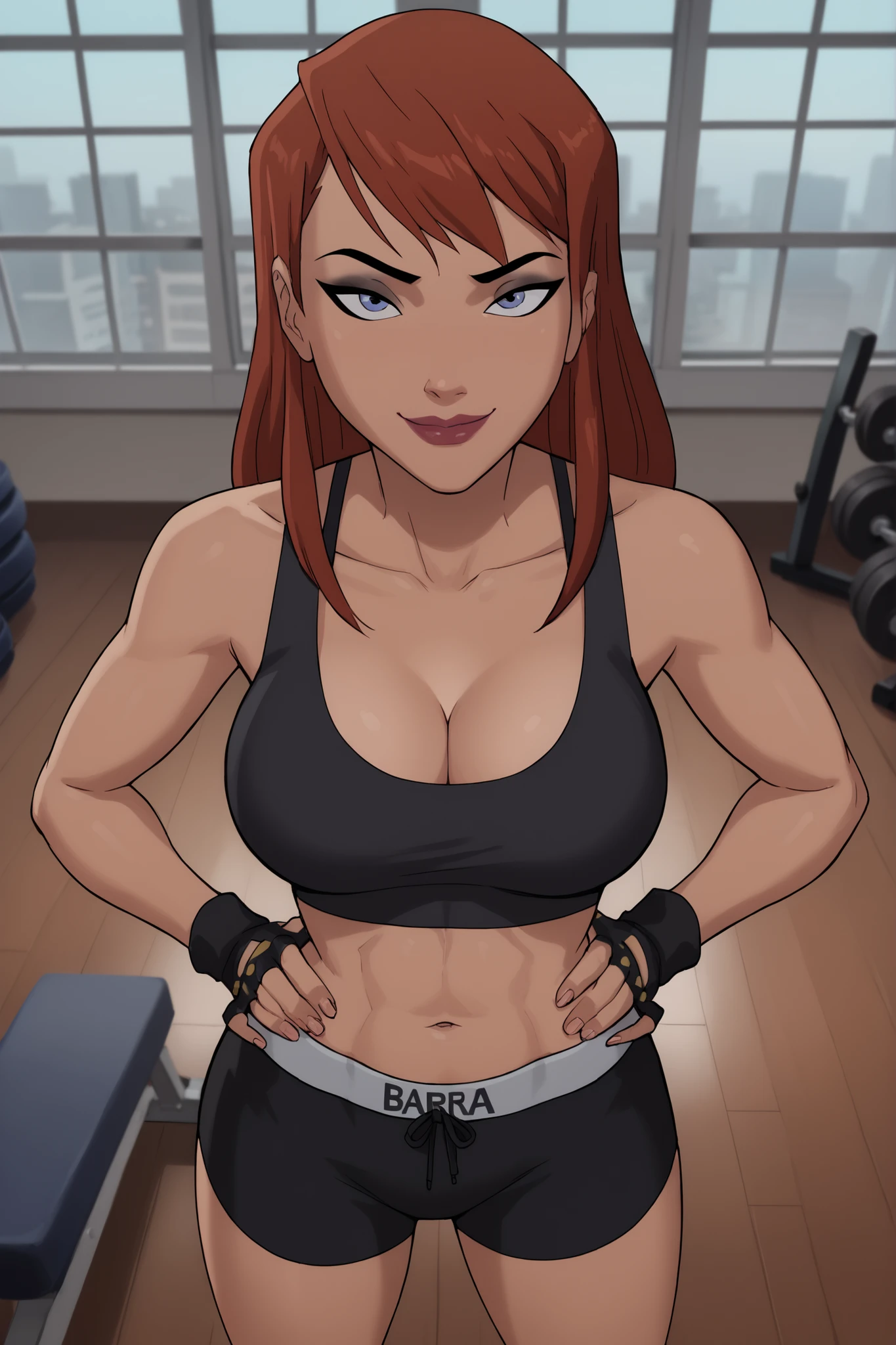 BREAK, score_6_up, score_9_up, score_8_up, score_7_up, 1girl, solo, barbara gordon, ginger hair, long hair, blue eyes, lipstick, makeup, large breasts, cleavage, curvy, athletic, busty, black sports bra, black gym shorts, yellow fingerless gloves, looking at viewer, seducing viewer, teasing viewer, smiling, closed mouth, seductive expression, bedroom eyes, indoors, gym, standing, best quality, high quality, portrait, upper body, closeup, high-angle view, black eyeshadow, hands on waist