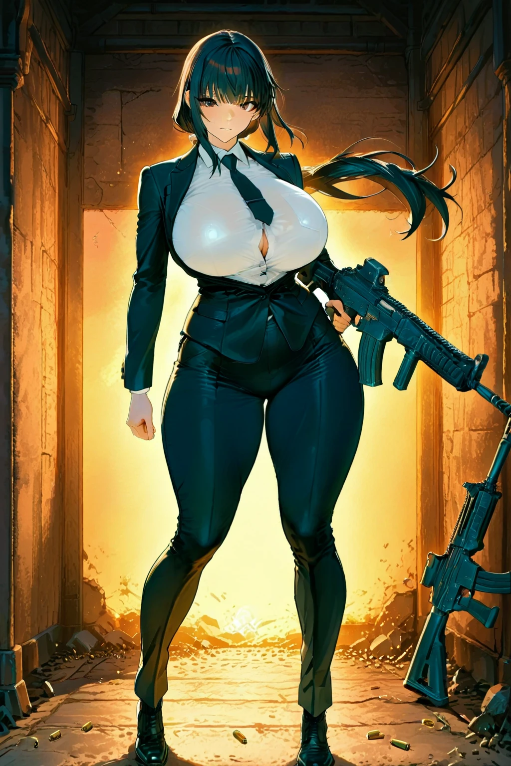 High detailed, 1 girl, eyepatch, huge hairstyle, busty, wearing a dominatrix suit, strong body, serious expression, Holding a whip