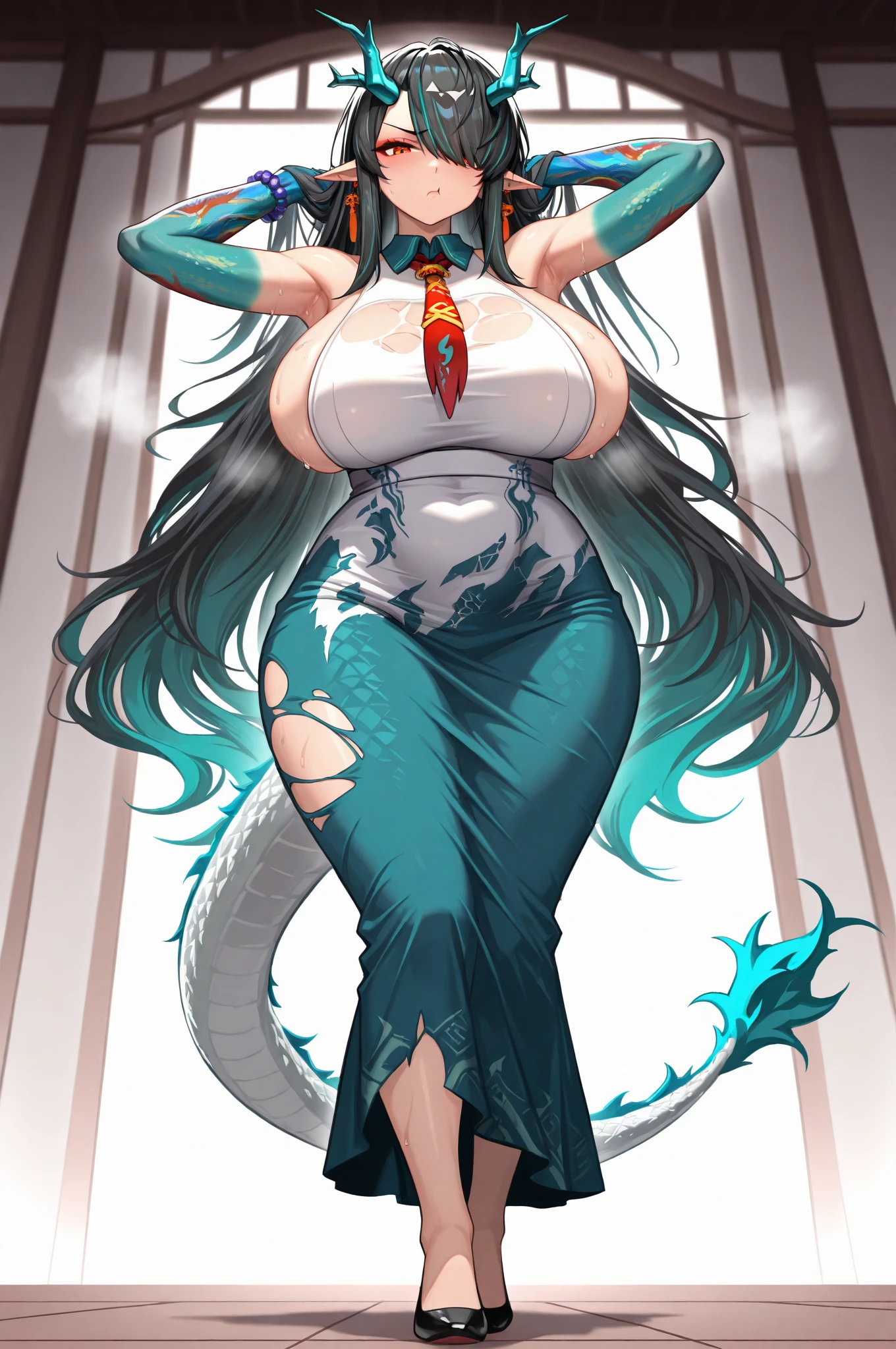 Fantasy digital painting of the Dragoness woman Tiamat, (T-Pose:2), (Full body:2), (side view:2), shaped as a dragon-woman hybrid of (immense ??????? from her ????? to to the waist:2), (???????????? going all the way to the waist:2), equally rivalled by her tiny waist, bizarre twin black dragonly, (2 symmetric snake dragon as tails:2), majestically posed in an 'T-stance', side view, claw, Her Bra consists of claws covering the ???? minimum of her generous disproportionate ?????, full-length representation, sensuous curves, daunting presence, juxtaposed against her slender waist, backlit by gloom, 600dpi, ultra detailed, cinematic lighting, high fantasy genre, dark scales shimmering, detailed claws, dramatic lighting, ultra-fine details, captivating allure, octane rendering.