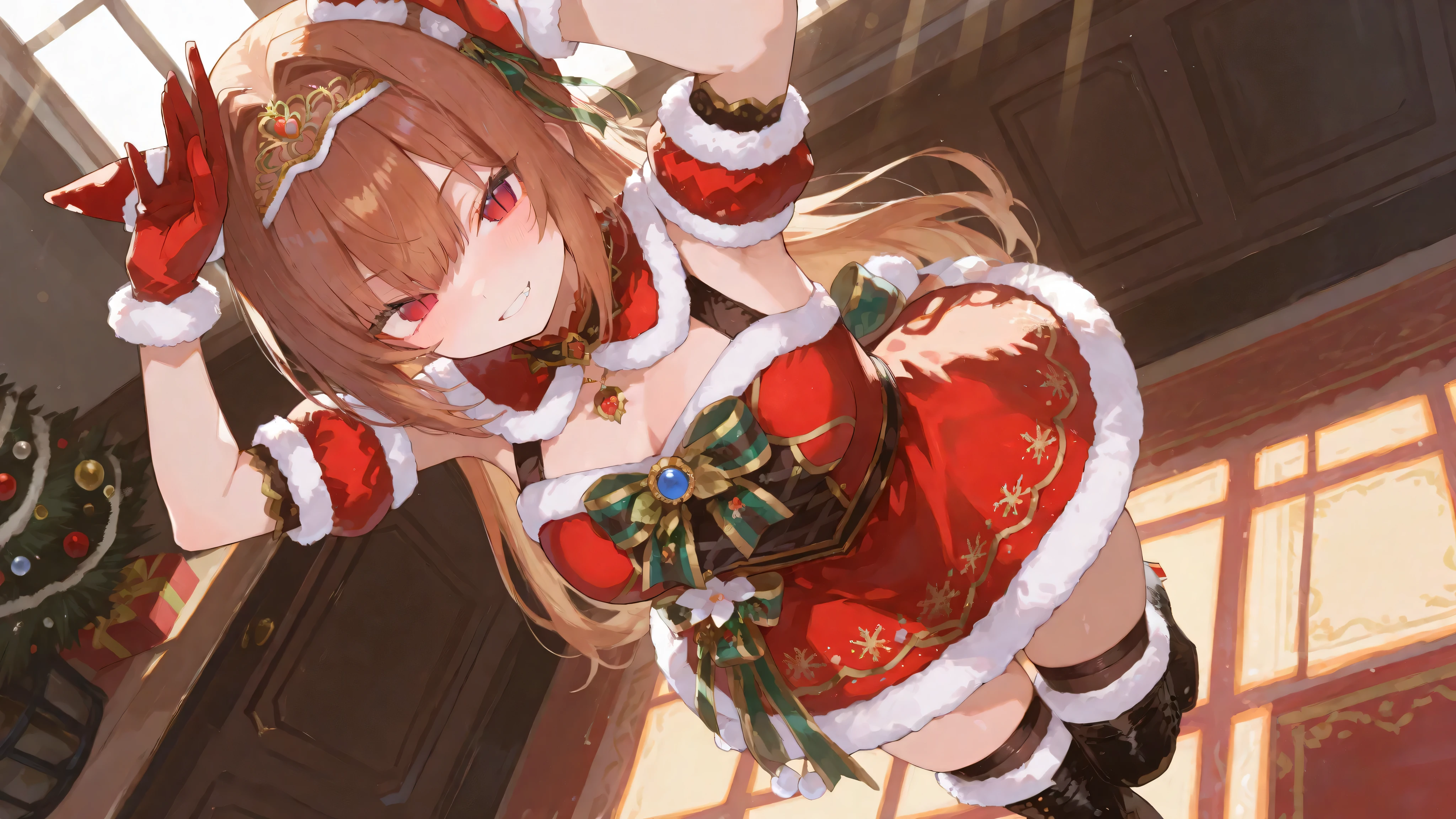 Dasuka_Xmas , straight hair , brown hair , thighhighs , short sleeves , detached sleeves , black footwear , fur trim , thigh boots , red dress , gold tiara , red gloves , fur-trimmed gloves , fur-trimmed dress , single red ear cover((left)) , winter , Christmas , {{{masterpiece}}}, {{{best quality}}}, {{ultra-detailed}}, {illustration}, {{an extremely delicate and beautiful}},1 girl,high school student,full body,sunny,sunlight,looking at viewer,standing,grin,delighted,fang,big eyes,tsurime,slit pupils,red eyes,large breasts,slightly thick thighs,straight-on,one leg raised,(((Umapyoi))),hands up, arm above head ,