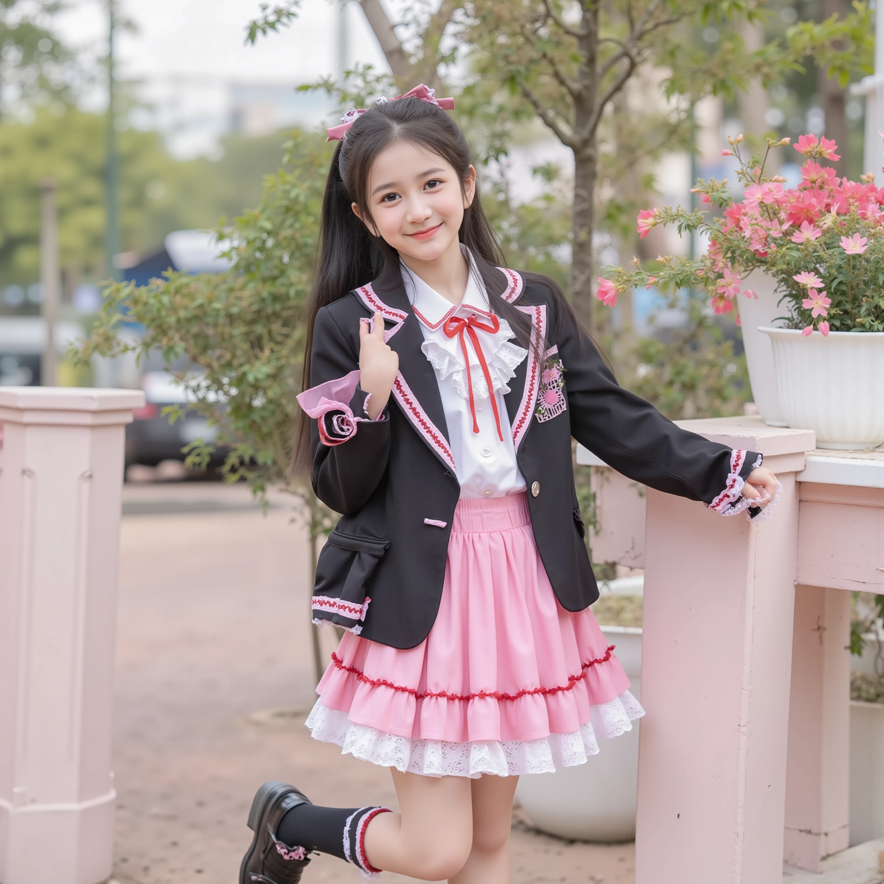 (8k, Highest Quality, masterpiece,full body:1.2), ultra high resolution, complicated details, 1 girl, 10 years old,beautiful faces, black long hair,Back hair tied with ribbons,smile,Elementary school graduation outfit decorated with cute ruffles and pink ribbons, (black blazer, ruffle sailor color,red ribbon tie,long sleeve, ruffle sleeve ,White Ruffle Blouse,Ruffles are cute ,medium skirt、pleated skirt,pink ruffle skirt,)Long Black Socks with Ruffles,black loafers,small breasts, round fluffy hoop skirt,,Adding Beautiful Details, outdoor,