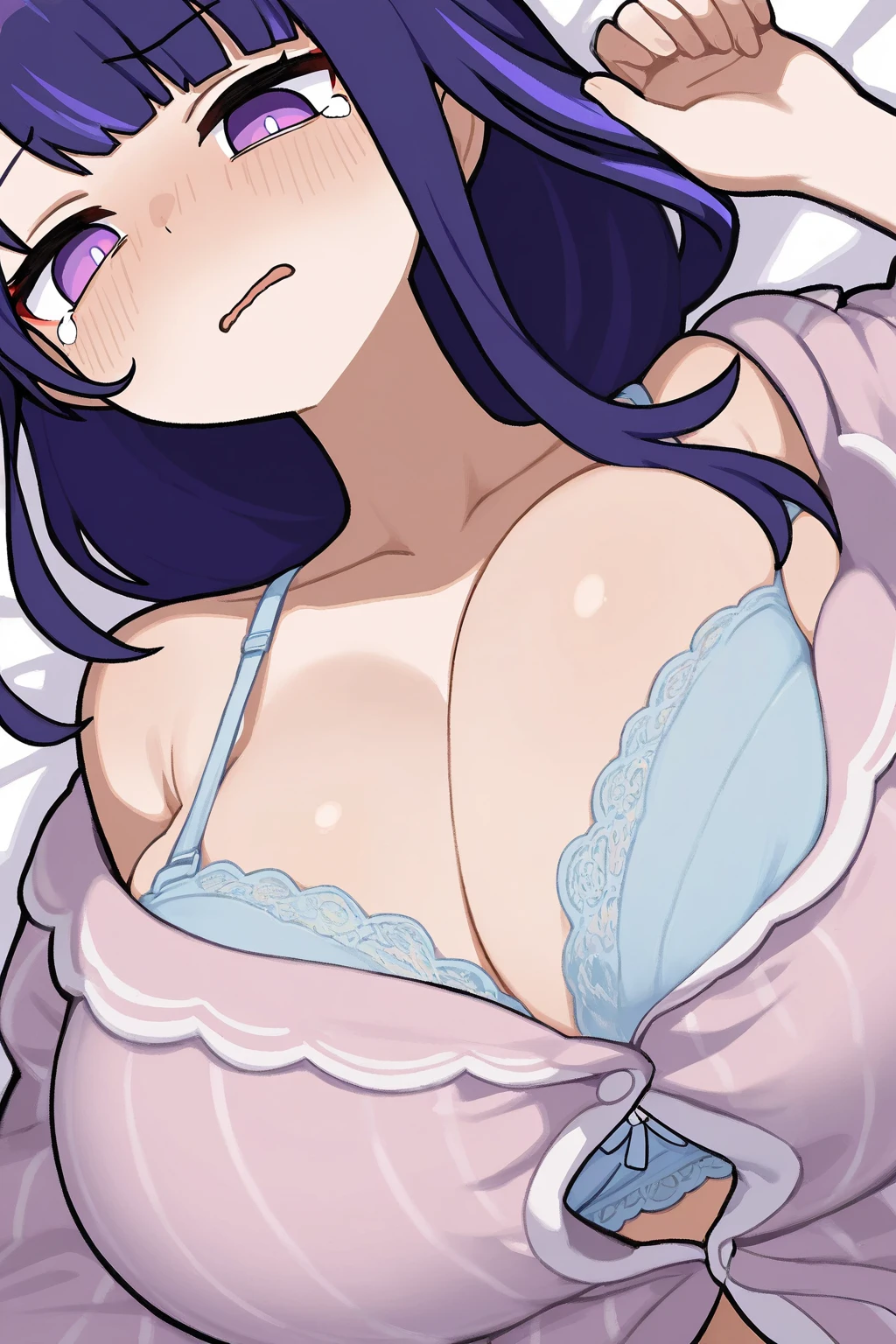 ((:1.4, masutepiece, Best Quality, hight resolution, nffsw, Perfect Pixel, depth of fields, 4K, nffsw, nffsw))), 1girl in, Single, Solo, Beautiful anime girl, Beautiful Art Style, Anime Character, ((Long hair, Bangs, dark brown hair, hair messy:1.6, Curly hair:0.8)), ((Curly eyelashes, Realistic eyes)), ((Detailed face, Blushing:1.2)), ((Smooth texture:0.75, Realistic texture:0.5, Anime CG style)), ((, cleavage)), Indoor, Bedroom, Dynamic Angle, busty, puffy , Perfect body, Dynamic Pose, Armpit, Hands up, ((Falling asleep in bed, Supine, sleepy, Closed eyes, lyin in bed, Sleeping Pose)), ((close up, POV, Cute, Shot in the face, The look of sighs, Awaken)), ((Purple Bra Color, Purple Lingerie, Single Diamond Necklace)), (Natural light, light reflections, morning)