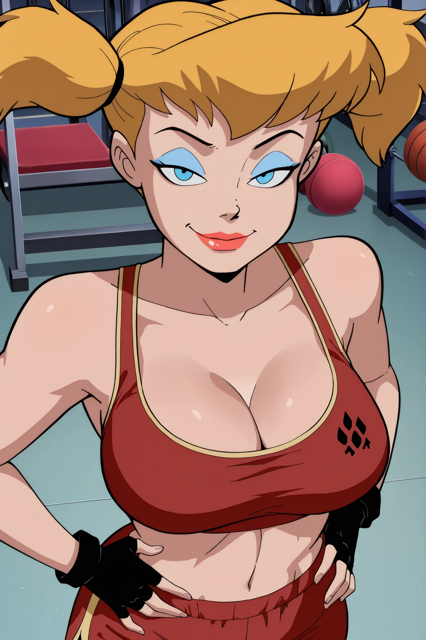 (((official style)), perfect anatomy, perfect eyes, close-up, cowboy shot) BREAK harleen quinzel, blue eyes, blonde hair, twintails, lipstick, makeup, ((looking at viewer)), teasing viewer, seducing viewer, indoors, looking at viewer, smiling, closed mouth, seductive expression, bedroom eyes, busty, large breasts, cleavage, curvy, athletic, red sports bra, red gym shorts, black fingerless gloves, standing, gym, closeup, portrait, upper body, high-angle view, blue eyeshadow, hands on waist