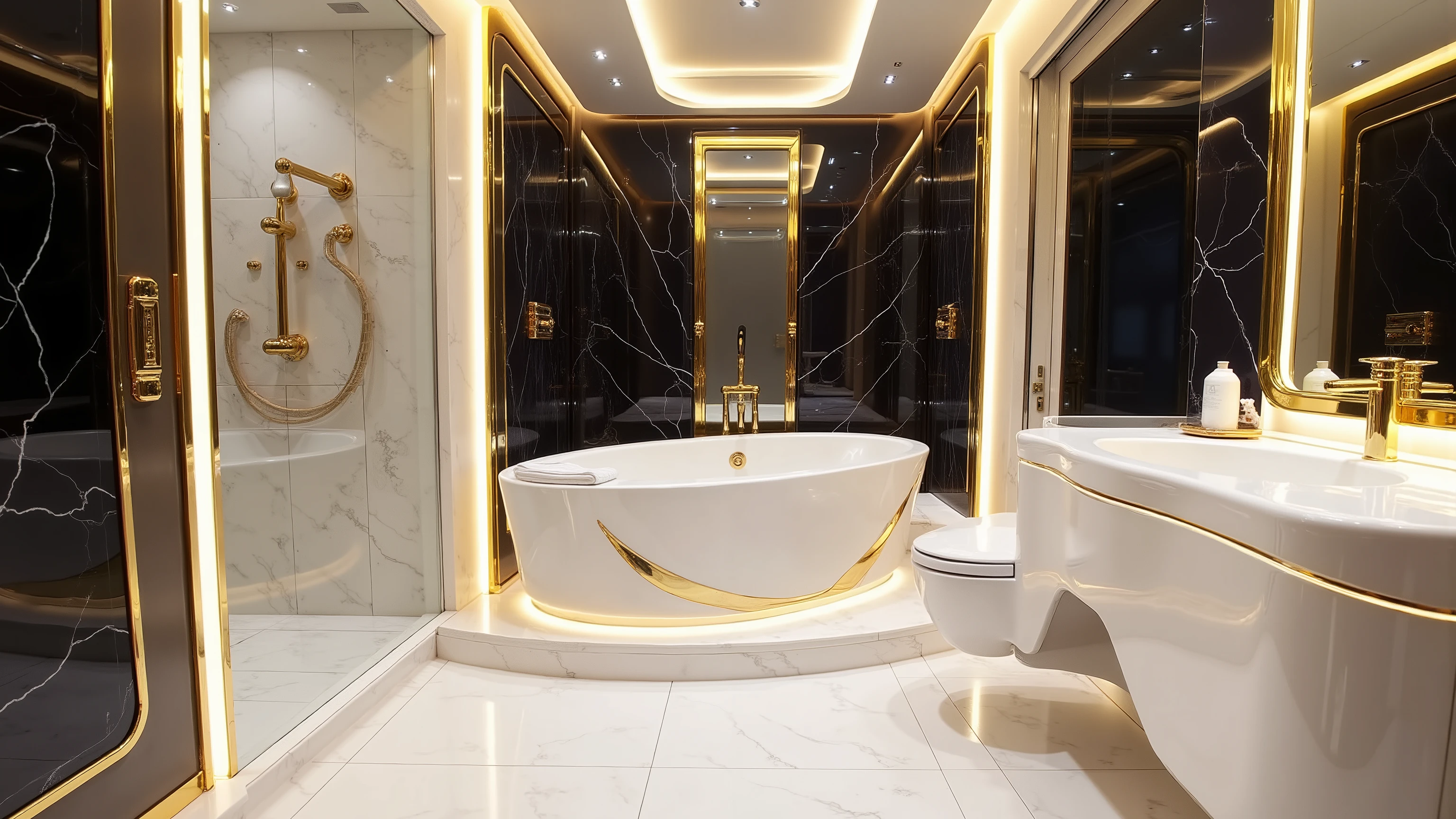 The bathroom of the Cadillac motorhome is a compact yet indulgent spa-like retreat, designed to maximize luxury within a small footprint. At its center is a built-in jacuzzi tub, sculpted in glossy white with gold-edged detailing that highlights its premium finish. The tub is slightly sunken into the floor for a sleek, integrated look, and its geometric shape mirrors Cadillac’s futuristic design language.

The flooring is finished in marble-textured tiles in glossy white with subtle gold veining, creating a bright reflective surface that enhances the sense of space. The walls are adorned with premium black-and-gold geometric panels, their glossy surfaces catching the ambient light and giving the compact room a dramatic, high-end atmosphere.

Soft, warm LED lighting embedded along the golden trims and ceiling edges bathes the room in a golden glow, reflecting across the marble and black panels to amplify the feeling of exclusivity. A small frosted window, facing the showroom walls outside, introduces a muted play of natural light while preserving privacy. Despite its compact size, the design transforms the space into a miniature luxury spa, embodying Cadillac’s vision of sophistication and comfort on the road.