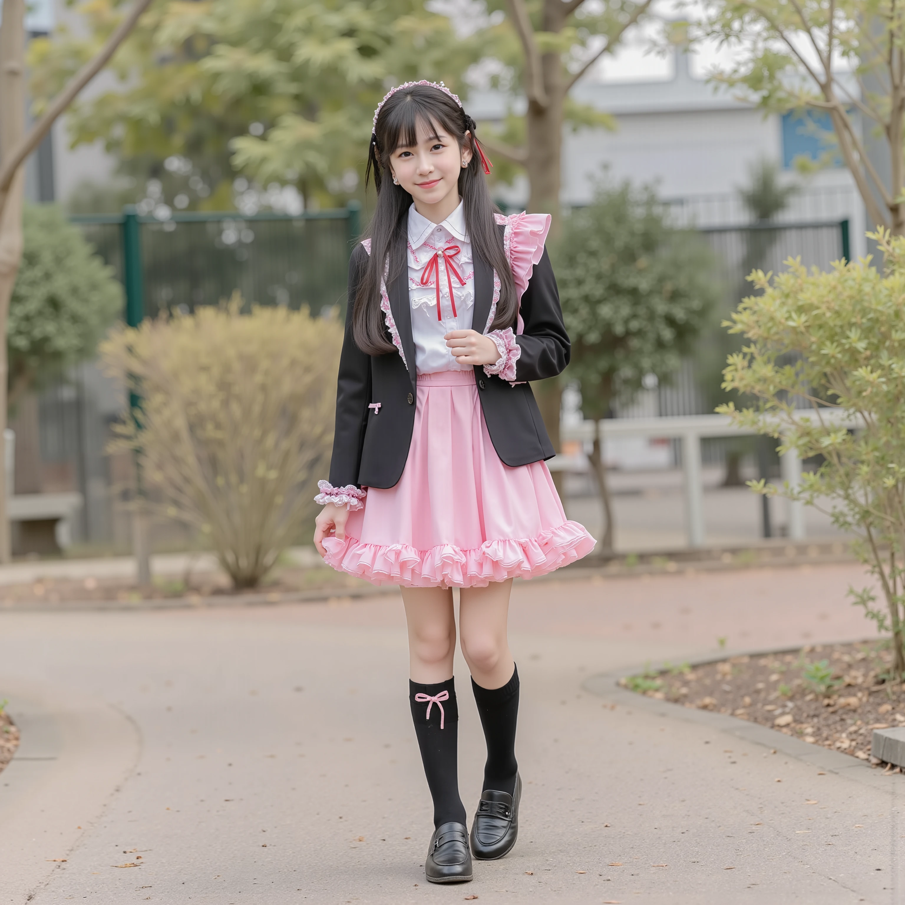 (8k, Highest Quality, masterpiece,full body:1.2), ultra high resolution, complicated details, 1 girl, ((10 years old,elementary school student:1.0)),beautiful faces, black long hair,Back hair tied with ribbons,smile,Elementary school graduation outfit decorated with cute ruffles and pink ribbons, (black blazer, ruffle sailor color,red ribbon tie,long sleeve, ruffle sleeve ,White Ruffle Blouse,Ruffles are cute ,medium skirt、pleated skirt,pink ruffle skirt,)Long Black Socks with Ruffles,black loafers,small breasts, round fluffy hoop skirt,,Adding Beautiful Details, outdoor,